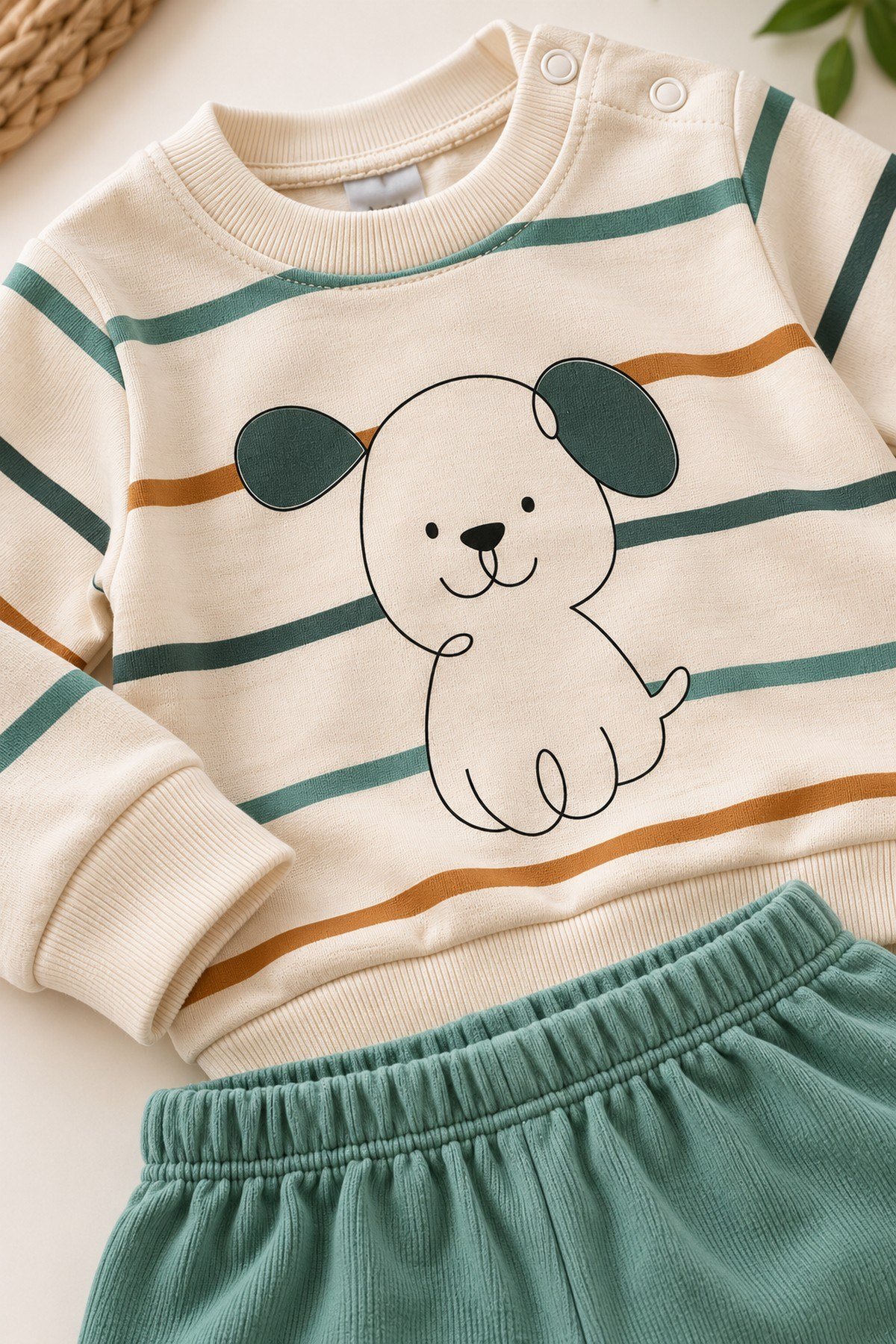 Erkek Bebek Çizgili Köpek Baskılı Omuzdan Çıtçıtlı Sweatshirt 2'li Alt Üst Eşofman Takımı 3-12ay