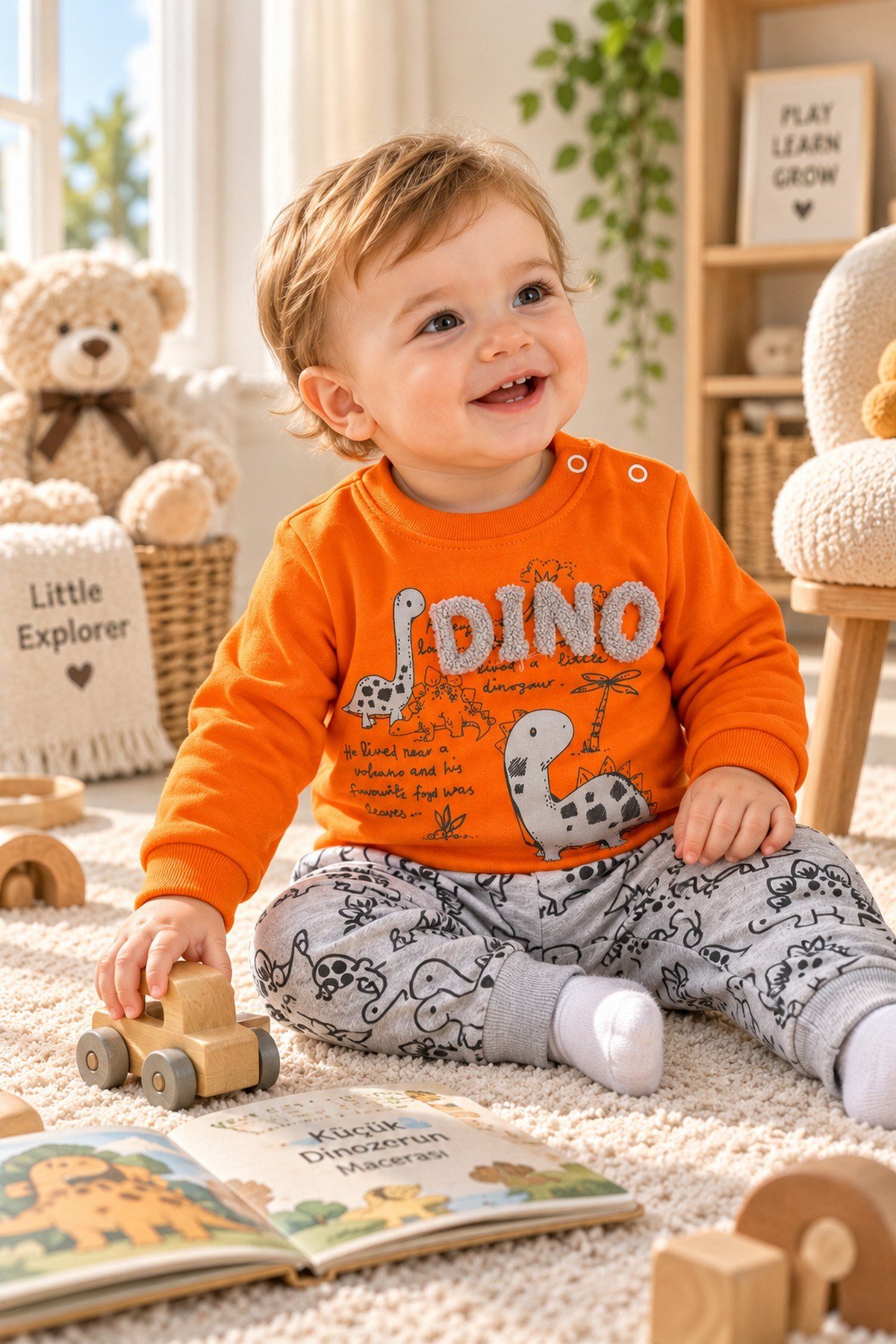 Erkek Bebek Dinozor Desenli 2'li Alt Üst Takım Sweatshirt Eşofman Takımı 3-6-9-12 Aylık
