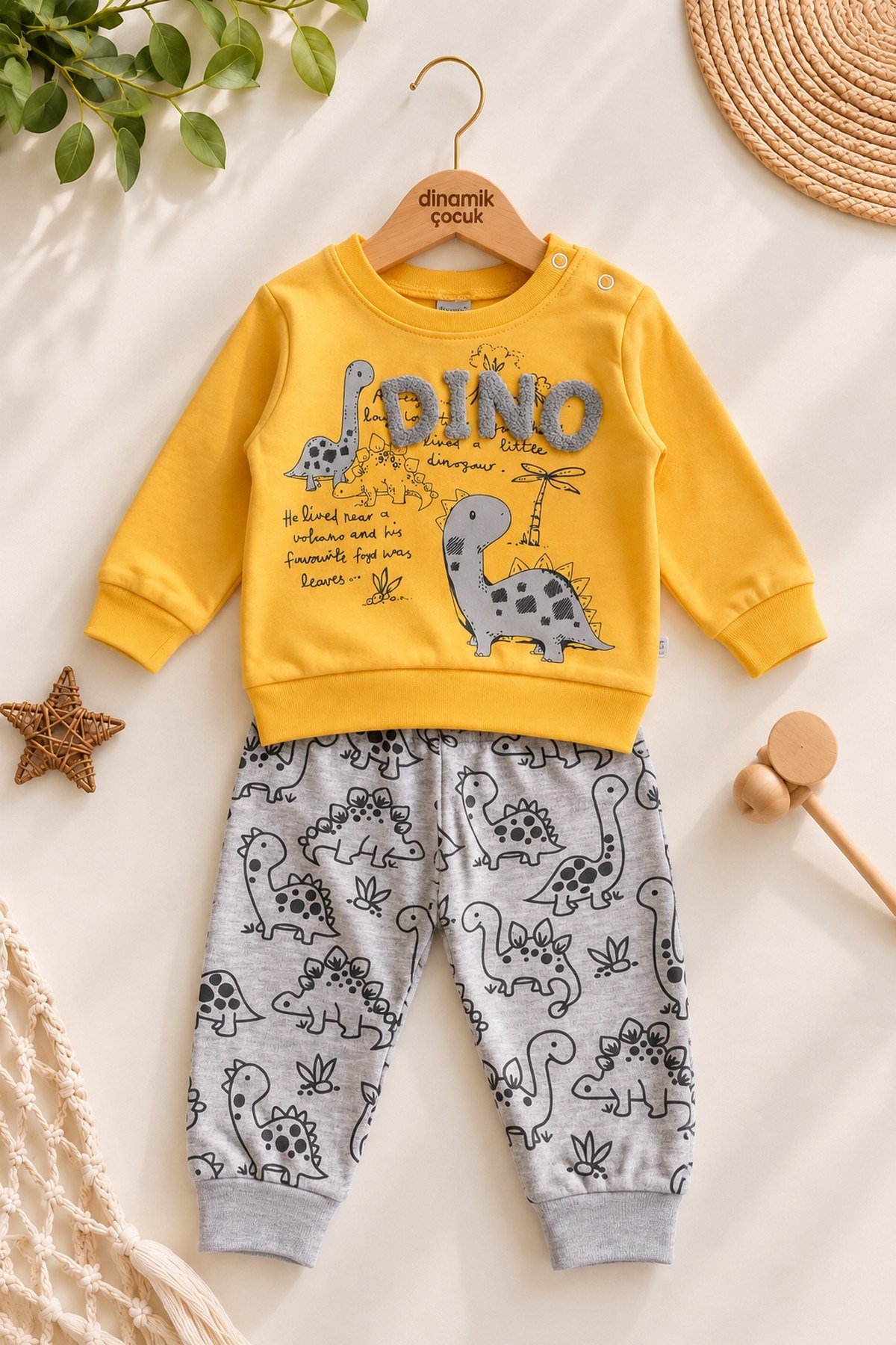 Erkek Bebek Dinozor Desenli 2'li Alt Üst Takım Sweatshirt Eşofman Takımı 3-6-9-12 Aylık