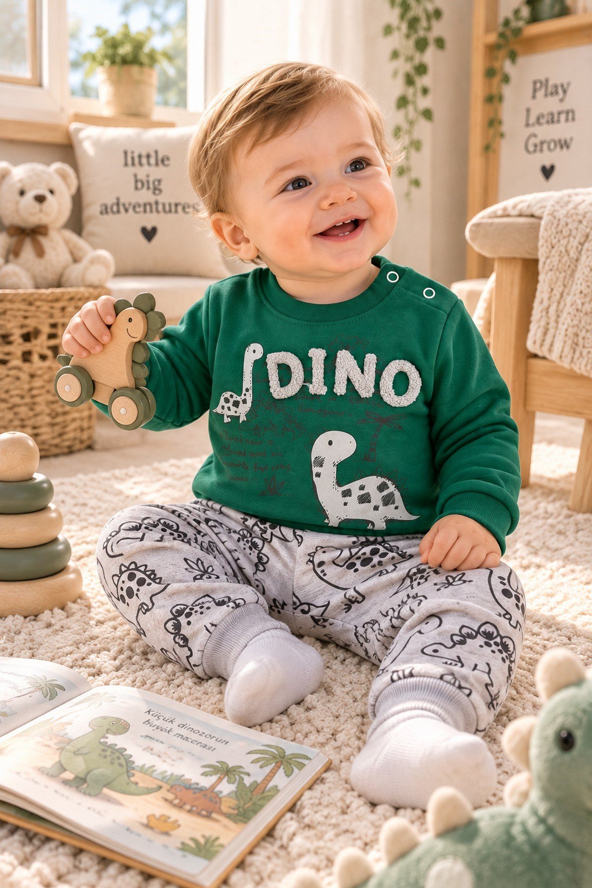 Erkek Bebek Dinozor Desenli 2'li Alt Üst Takım Sweatshirt Eşofman Takımı 3-6-9-12 Aylık