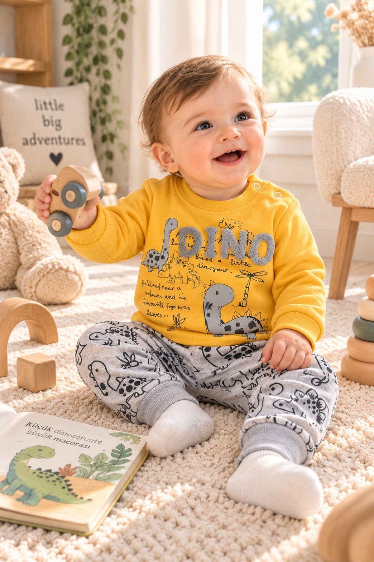 Erkek Bebek Dinozor Desenli 2'li Alt Üst Takım Sweatshirt Eşofman Takımı 3-6-9-12 Aylık