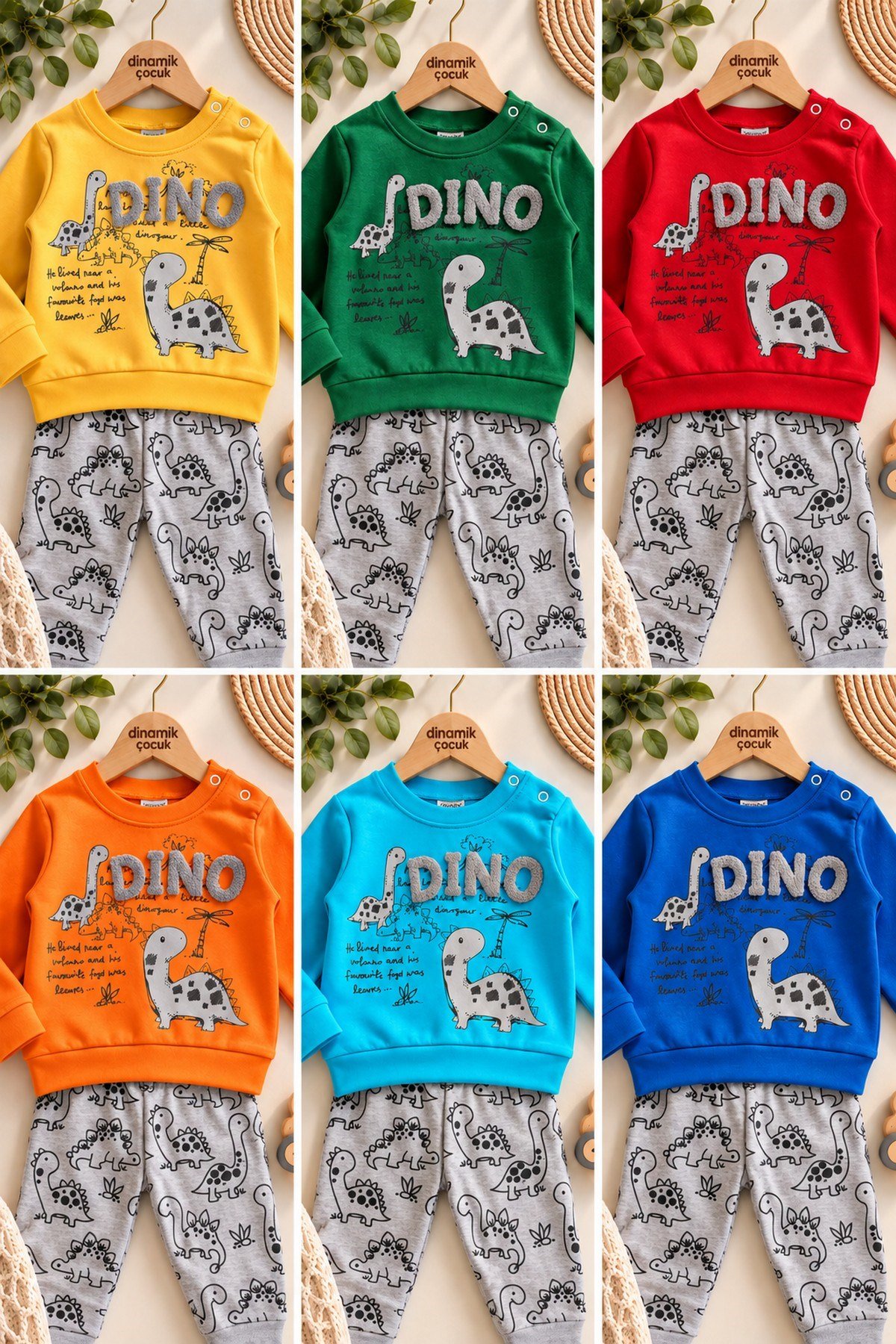 Erkek Bebek Dinozor Desenli 2'li Alt Üst Takım Sweatshirt Eşofman Takımı 3-6-9-12 Aylık