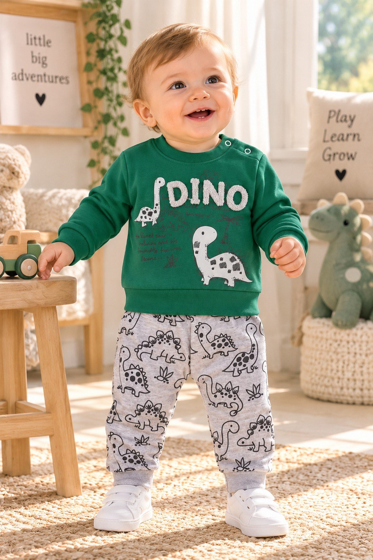 Erkek Bebek Dinozor Desenli 2'li Alt Üst Takım Sweatshirt Eşofman Takımı 3-6-9-12 Aylık