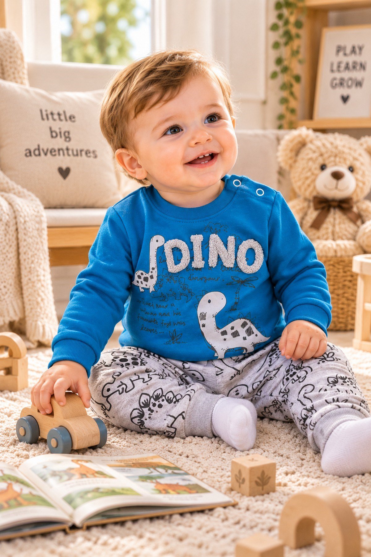 Erkek Bebek Dinozor Desenli 2'li Alt Üst Takım Sweatshirt Eşofman Takımı 3-6-9-12 Aylık