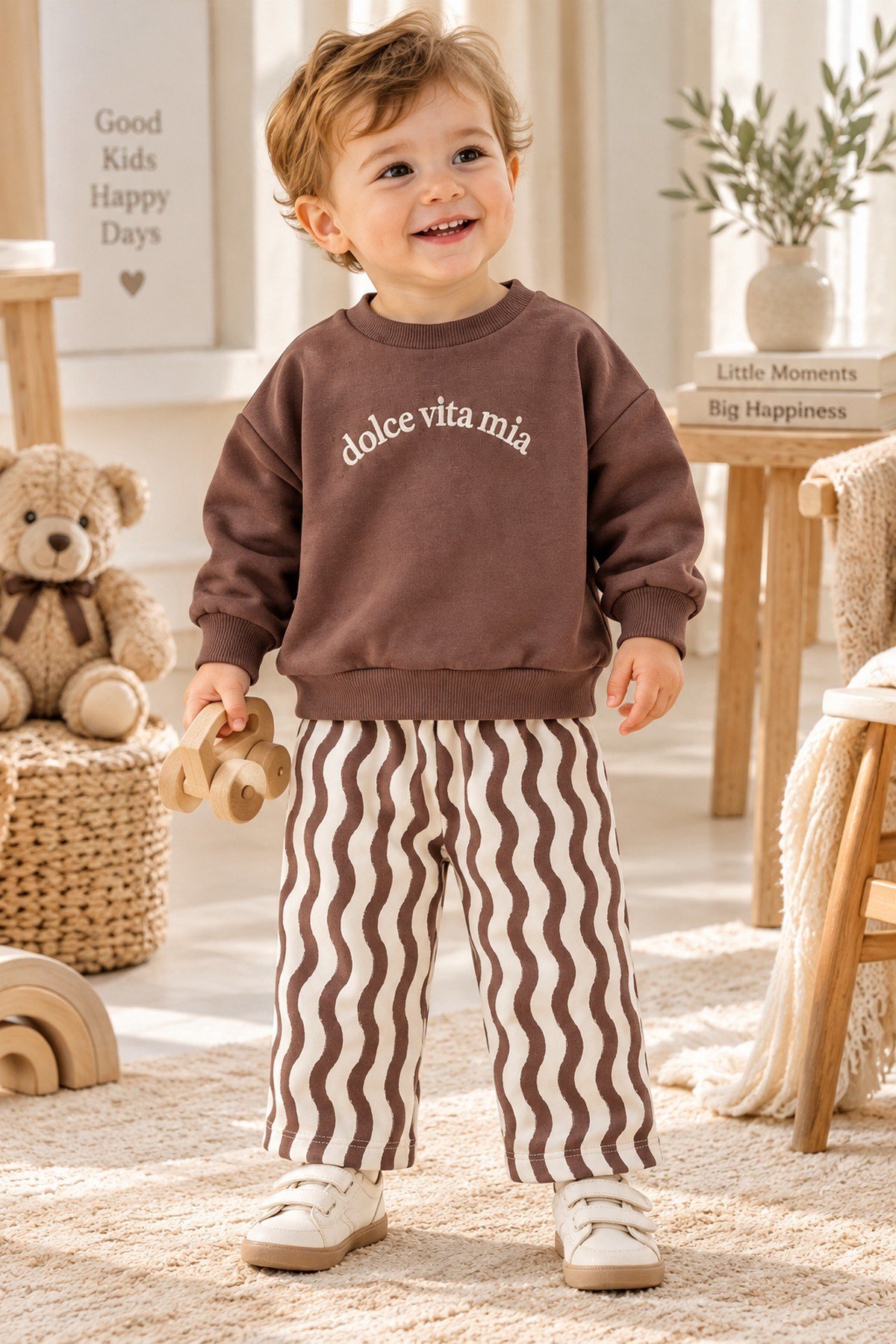 Erkek Bebek Dolce Vita Nakışlı Sweatshirt Dalga Desenli 2'li Alt Üst Takım 9-24 Aylık