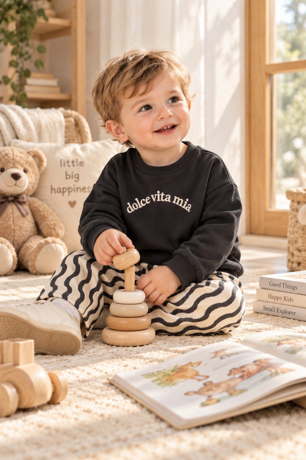 Erkek Bebek Dolce Vita Nakışlı Sweatshirt Dalga Desenli 2'li Alt Üst Takım 9-24 Aylık
