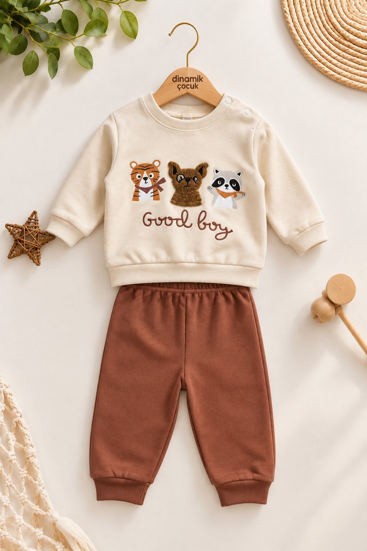 Erkek Bebek Hayvan Figürlü Good Boy Baskılı Kabartma Aplikeli Sweatshirt Eşofman 2'li Takım 3-12ay
