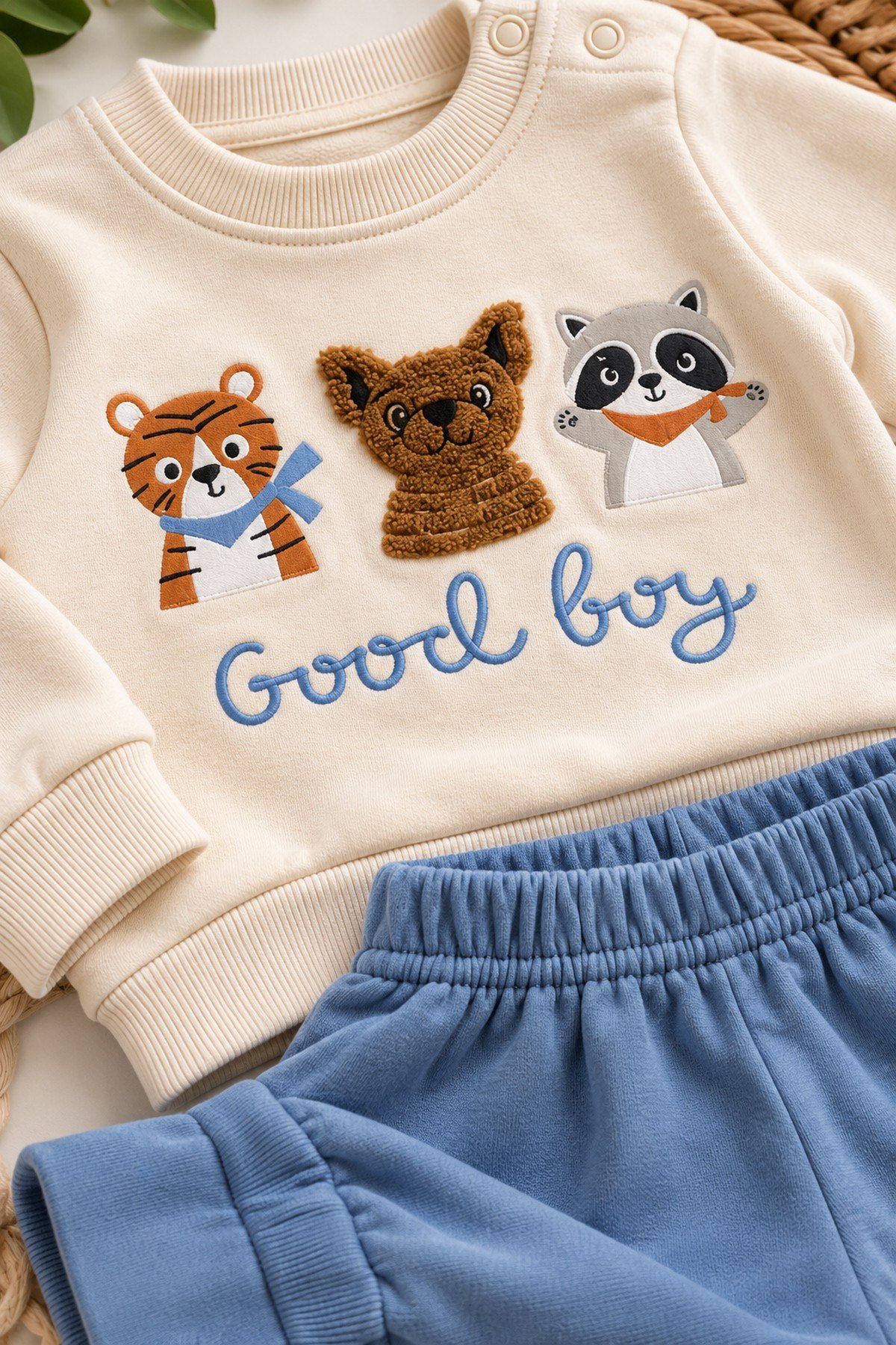 Erkek Bebek Hayvan Figürlü Good Boy Baskılı Kabartma Aplikeli Sweatshirt Eşofman 2'li Takım 3-12ay
