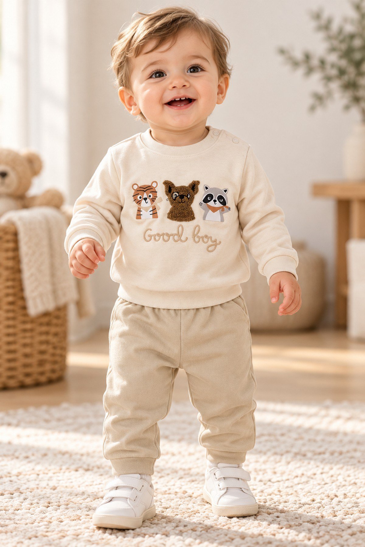 Erkek Bebek Hayvan Figürlü Good Boy Baskılı Kabartma Aplikeli Sweatshirt Eşofman 2'li Takım 3-12ay