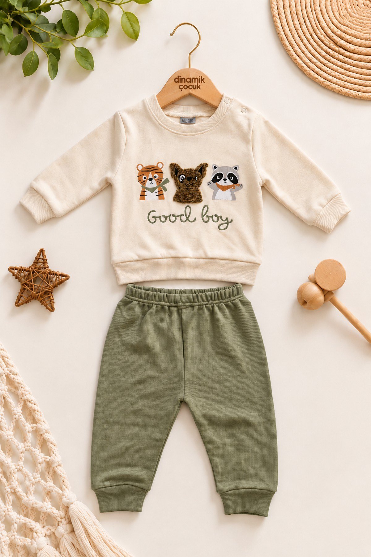 Erkek Bebek Hayvan Figürlü Good Boy Baskılı Kabartma Aplikeli Sweatshirt Eşofman 2'li Takım 3-12ay
