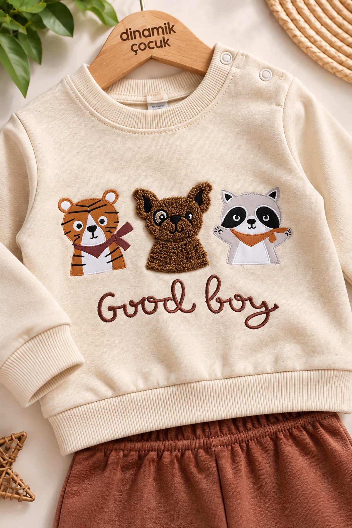 Erkek Bebek Hayvan Figürlü Good Boy Baskılı Kabartma Aplikeli Sweatshirt Eşofman 2'li Takım 3-12ay