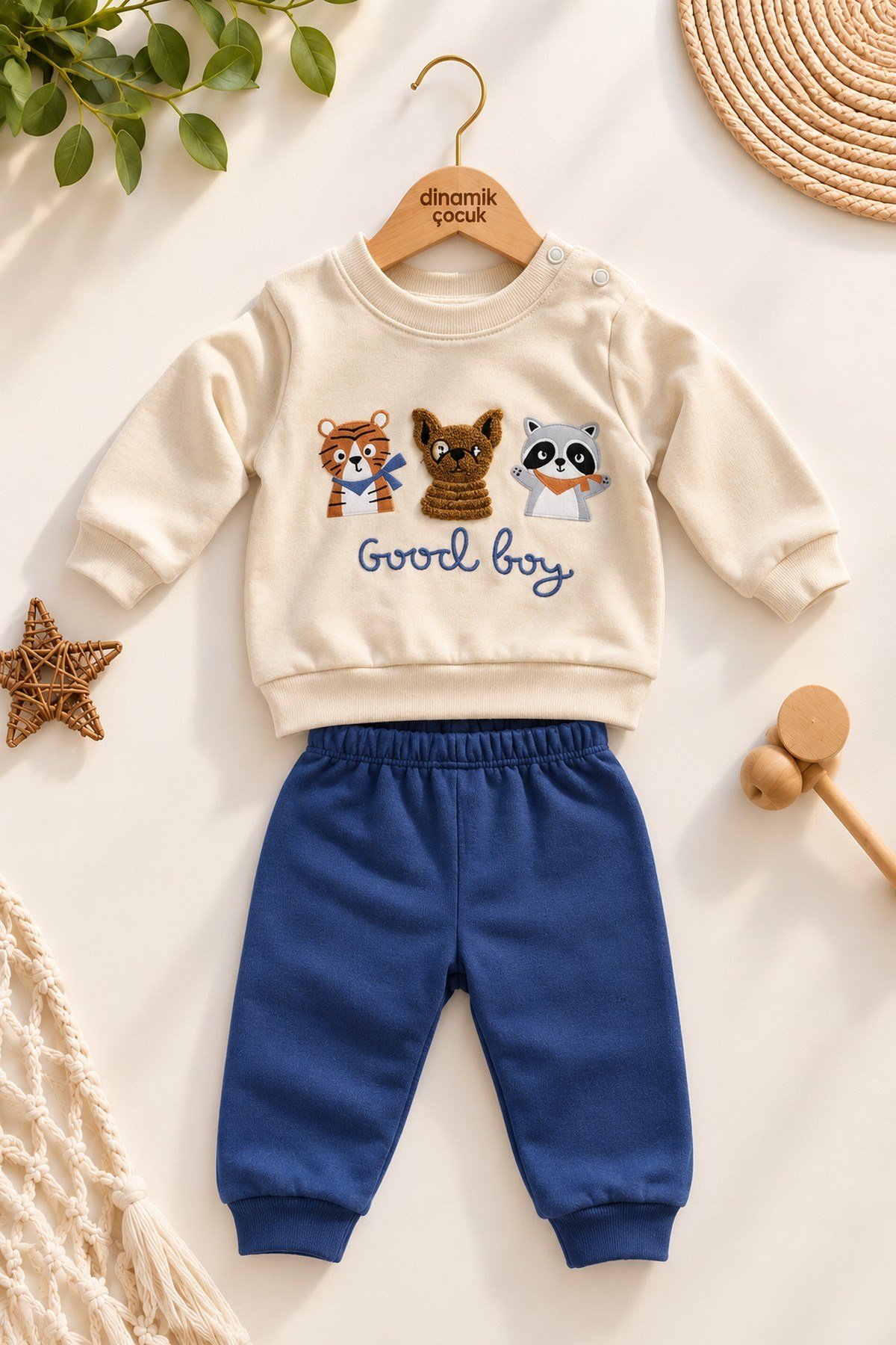 Erkek Bebek Hayvan Figürlü Good Boy Baskılı Kabartma Aplikeli Sweatshirt Eşofman 2'li Takım 3-12ay