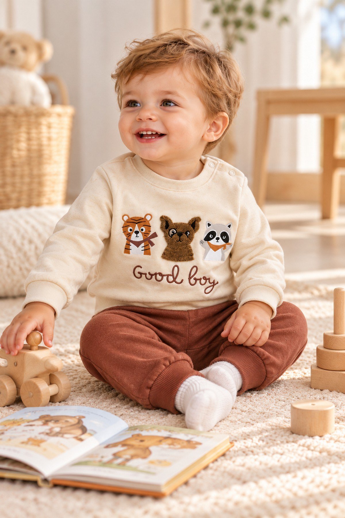 Erkek Bebek Hayvan Figürlü Good Boy Baskılı Kabartma Aplikeli Sweatshirt Eşofman 2'li Takım 3-12ay