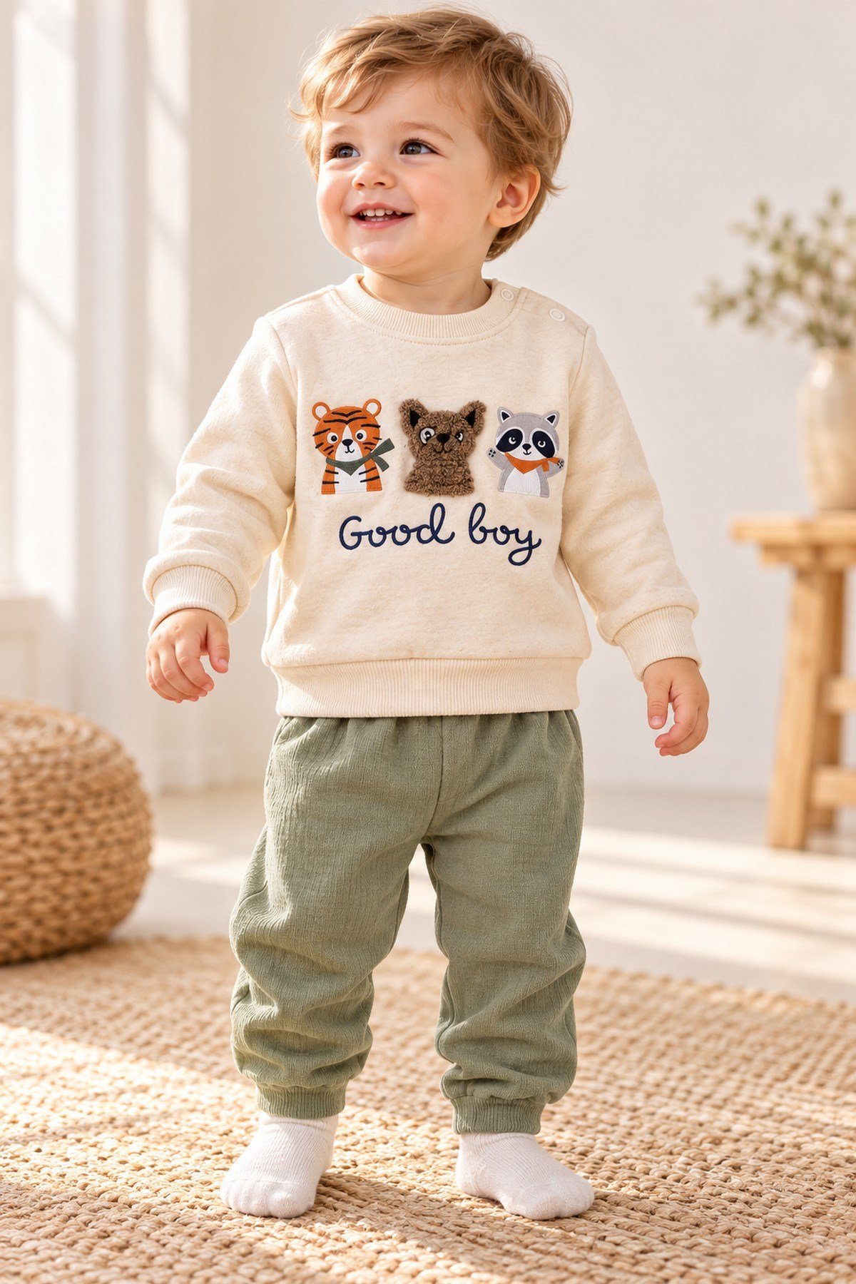 Erkek Bebek Hayvan Figürlü Good Boy Baskılı Kabartma Aplikeli Sweatshirt Eşofman 2'li Takım 3-12ay