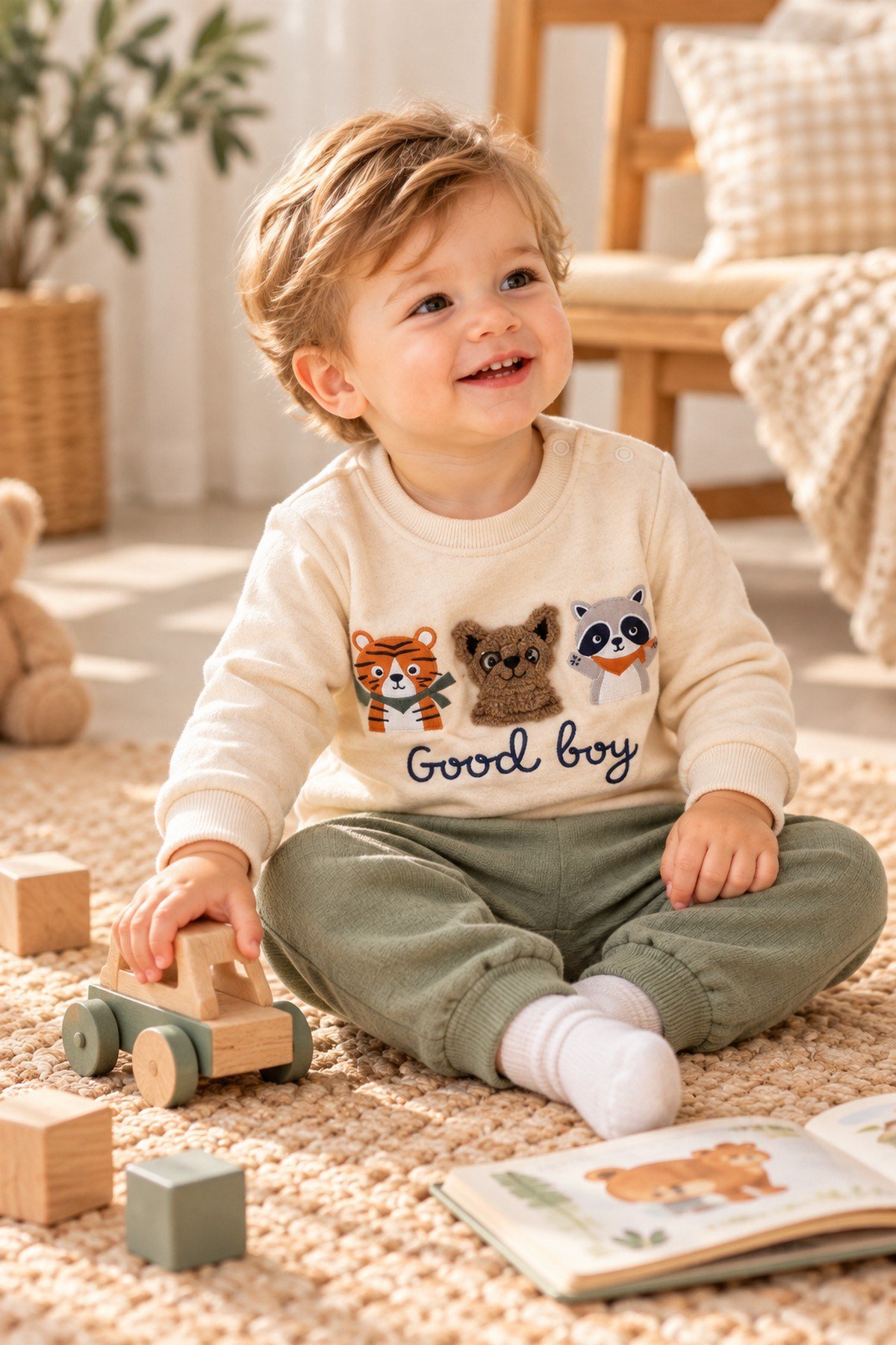 Erkek Bebek Hayvan Figürlü Good Boy Baskılı Kabartma Aplikeli Sweatshirt Eşofman 2'li Takım 3-12ay