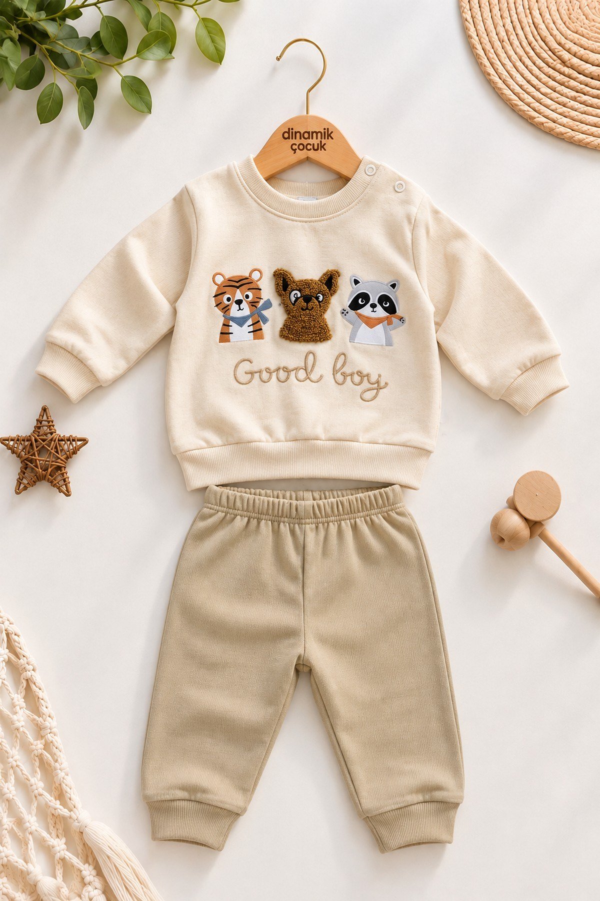 Erkek Bebek Hayvan Figürlü Good Boy Baskılı Kabartma Aplikeli Sweatshirt Eşofman 2'li Takım 3-12ay