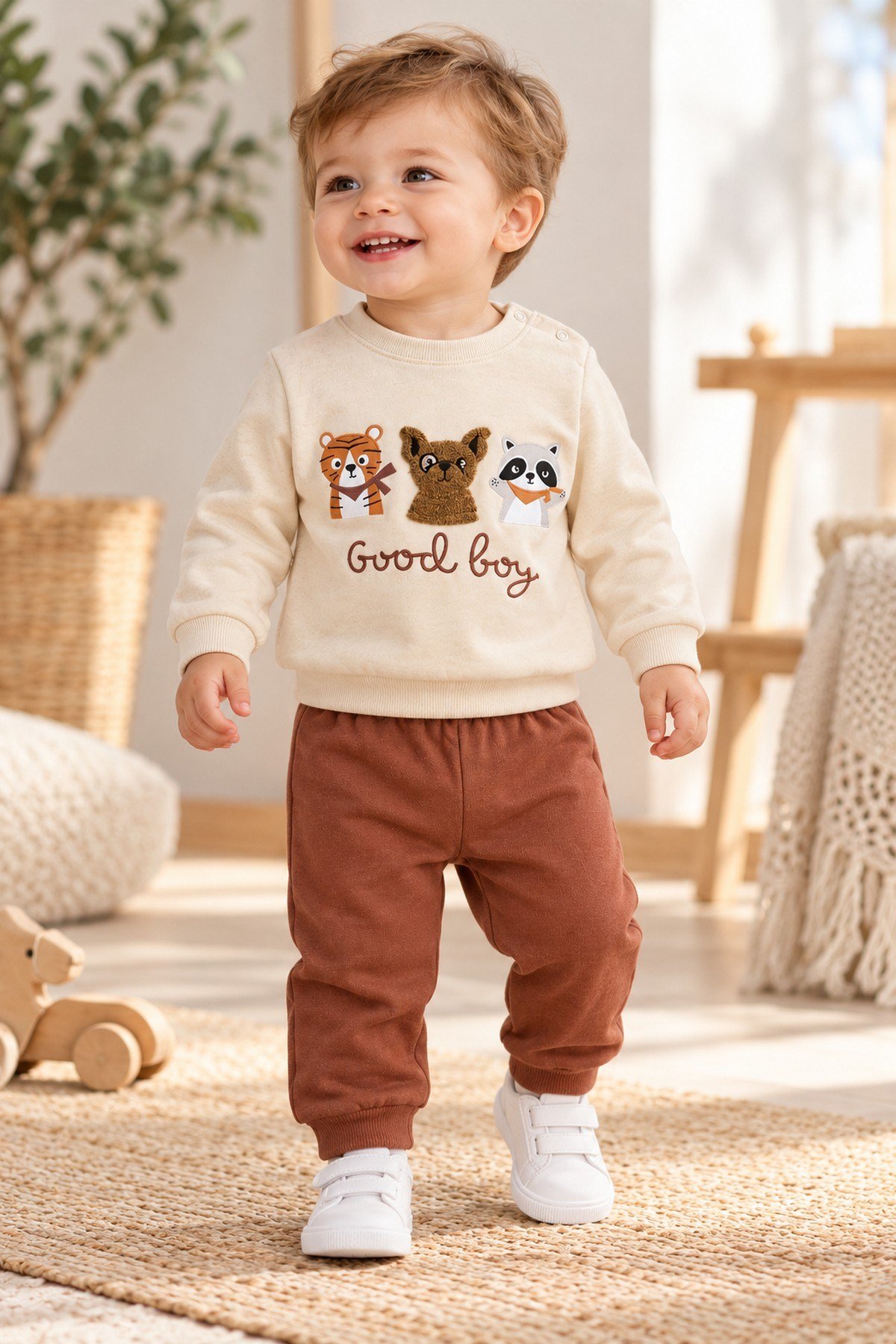 Erkek Bebek Hayvan Figürlü Good Boy Baskılı Kabartma Aplikeli Sweatshirt Eşofman 2'li Takım 3-12ay