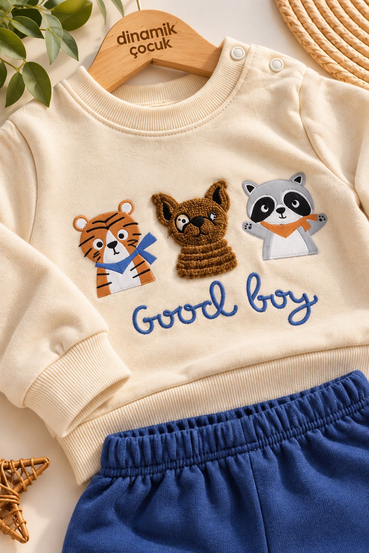 Erkek Bebek Hayvan Figürlü Good Boy Baskılı Kabartma Aplikeli Sweatshirt Eşofman 2'li Takım 3-12ay