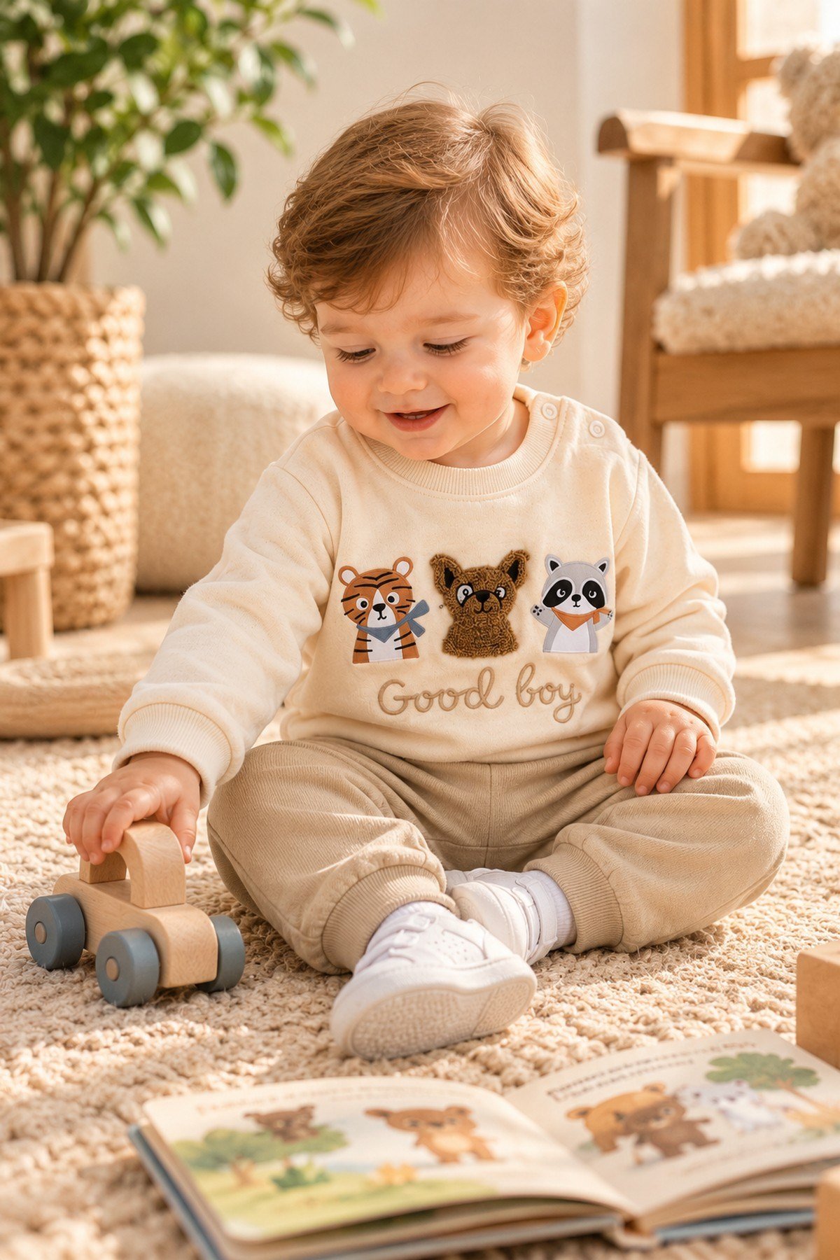Erkek Bebek Hayvan Figürlü Good Boy Baskılı Kabartma Aplikeli Sweatshirt Eşofman 2'li Takım 3-12ay