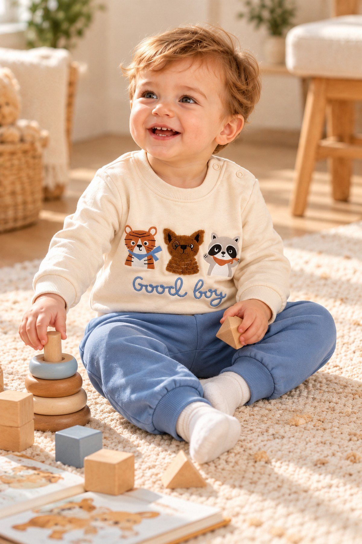 Erkek Bebek Hayvan Figürlü Good Boy Baskılı Kabartma Aplikeli Sweatshirt Eşofman 2'li Takım 3-12ay