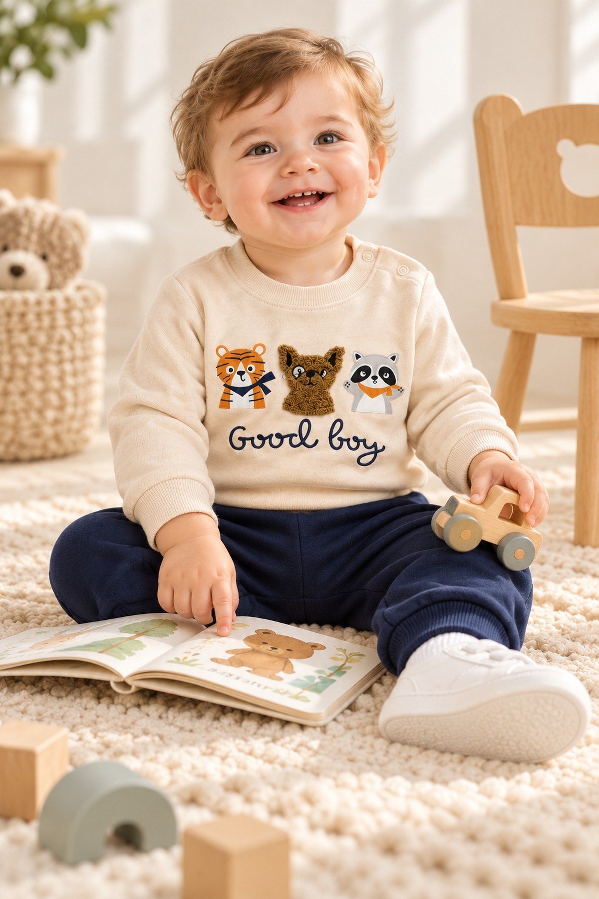 Erkek Bebek Hayvan Figürlü Good Boy Baskılı Kabartma Aplikeli Sweatshirt Eşofman 2'li Takım 3-12ay