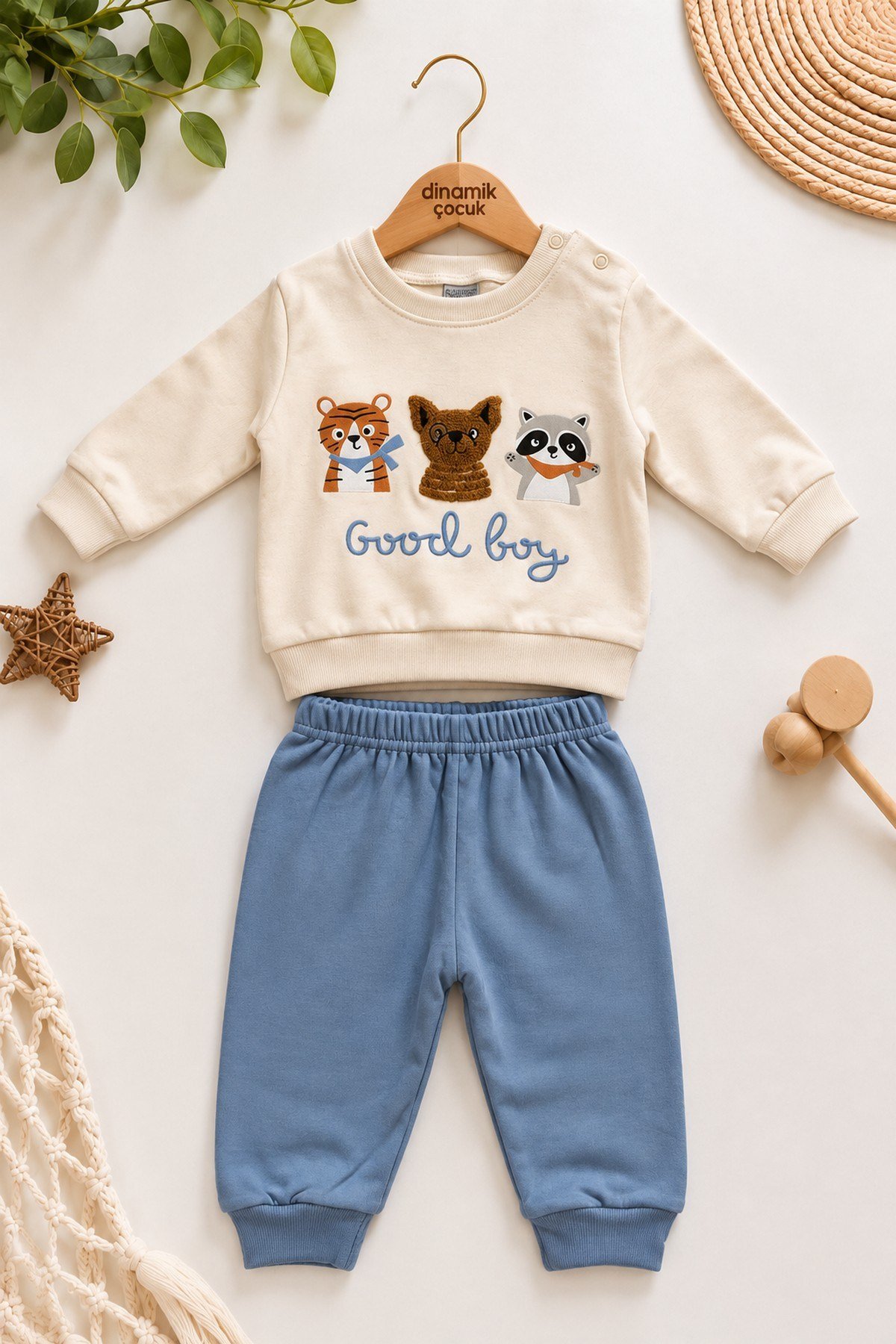 Erkek Bebek Hayvan Figürlü Good Boy Baskılı Kabartma Aplikeli Sweatshirt Eşofman 2'li Takım 3-12ay