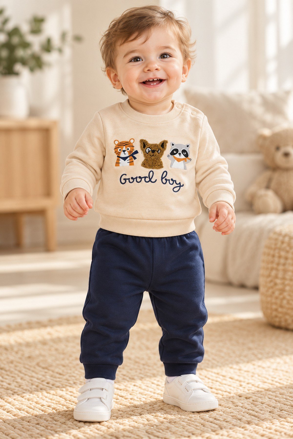 Erkek Bebek Hayvan Figürlü Good Boy Baskılı Kabartma Aplikeli Sweatshirt Eşofman 2'li Takım 3-12ay