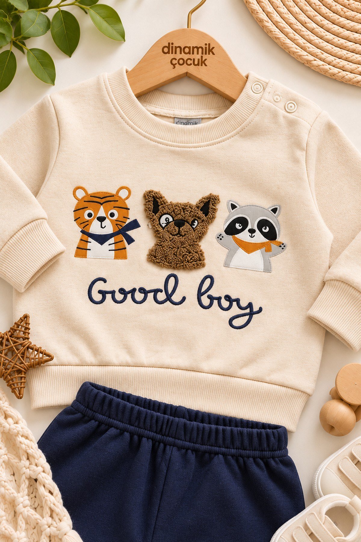 Erkek Bebek Hayvan Figürlü Good Boy Baskılı Kabartma Aplikeli Sweatshirt Eşofman 2'li Takım 3-12ay