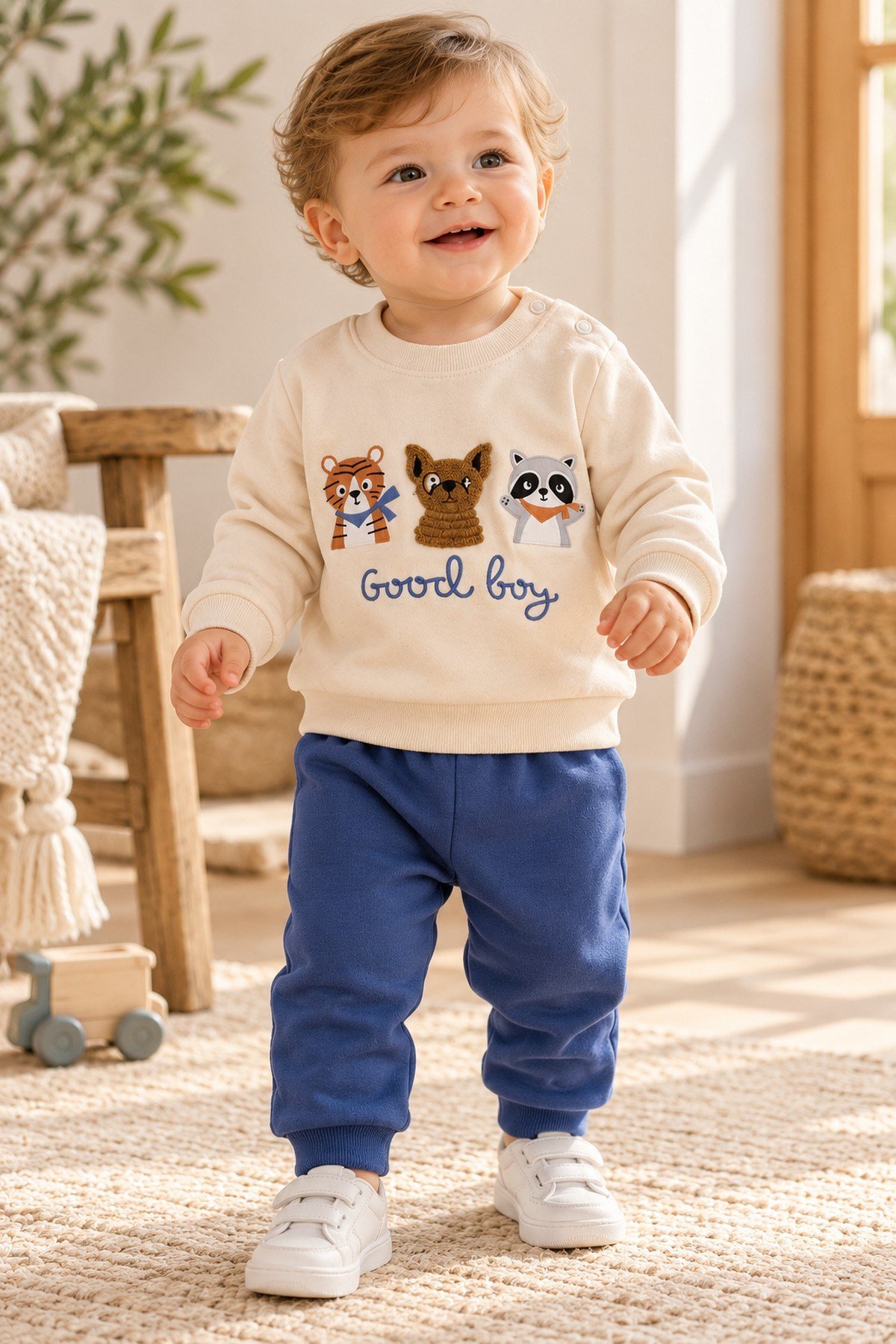 Erkek Bebek Hayvan Figürlü Good Boy Baskılı Kabartma Aplikeli Sweatshirt Eşofman 2'li Takım 3-12ay