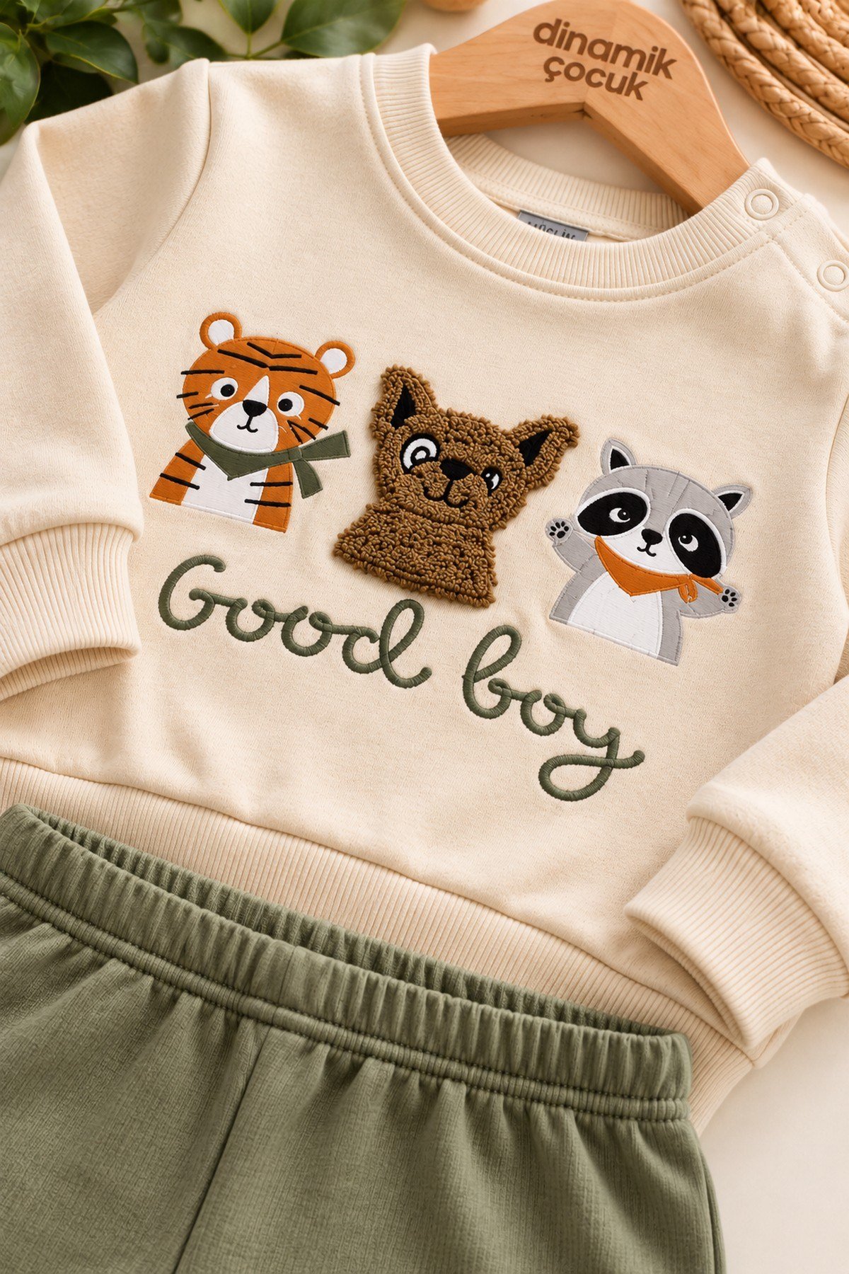 Erkek Bebek Hayvan Figürlü Good Boy Baskılı Kabartma Aplikeli Sweatshirt Eşofman 2'li Takım 3-12ay