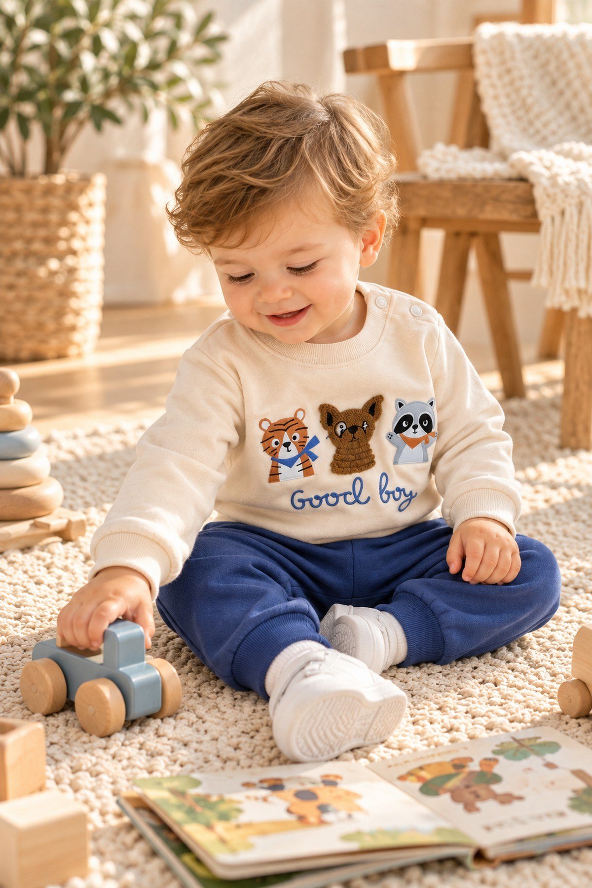 Erkek Bebek Hayvan Figürlü Good Boy Baskılı Kabartma Aplikeli Sweatshirt Eşofman 2'li Takım 3-12ay