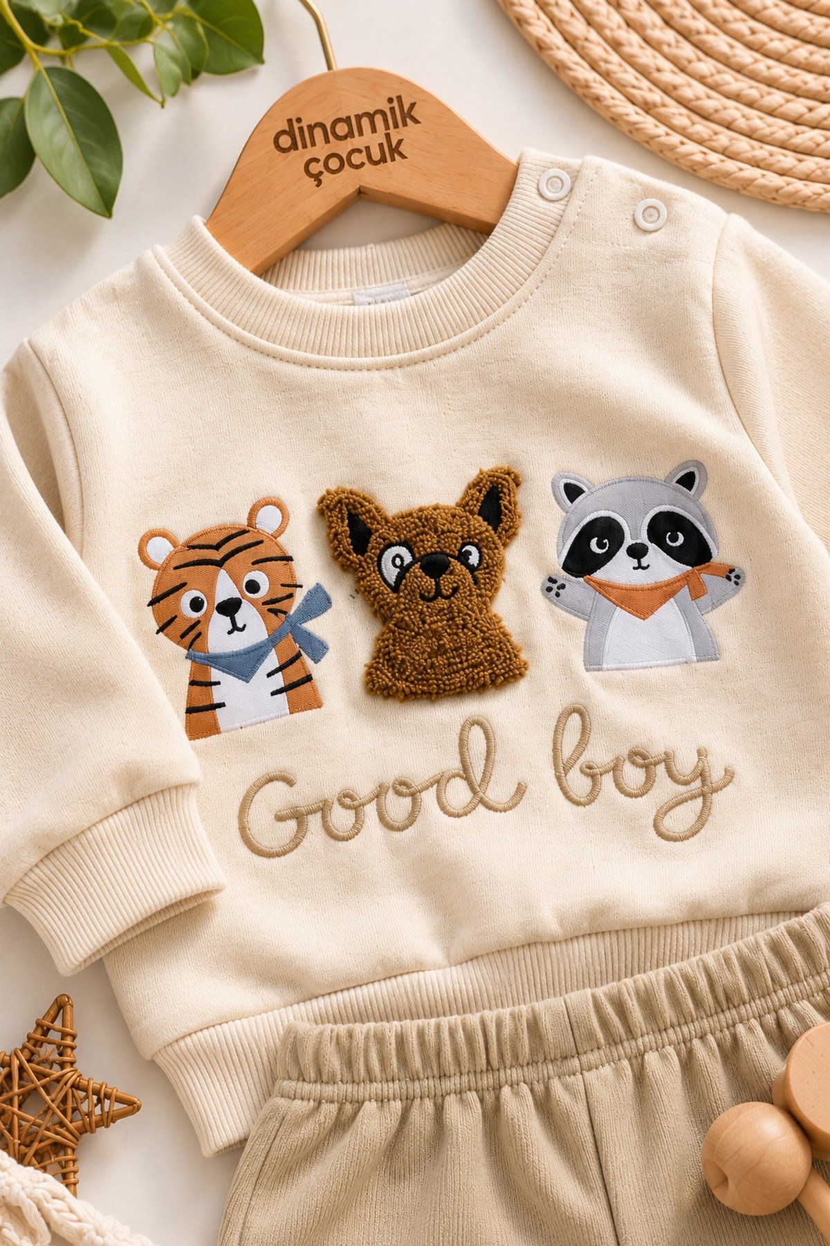 Erkek Bebek Hayvan Figürlü Good Boy Baskılı Kabartma Aplikeli Sweatshirt Eşofman 2'li Takım 3-12ay