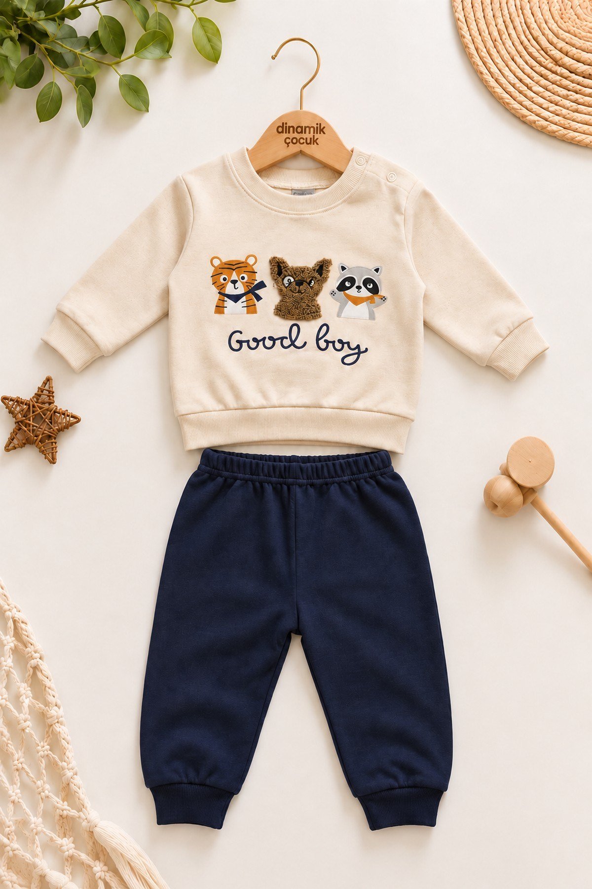 Erkek Bebek Hayvan Figürlü Good Boy Baskılı Kabartma Aplikeli Sweatshirt Eşofman 2'li Takım 3-12ay