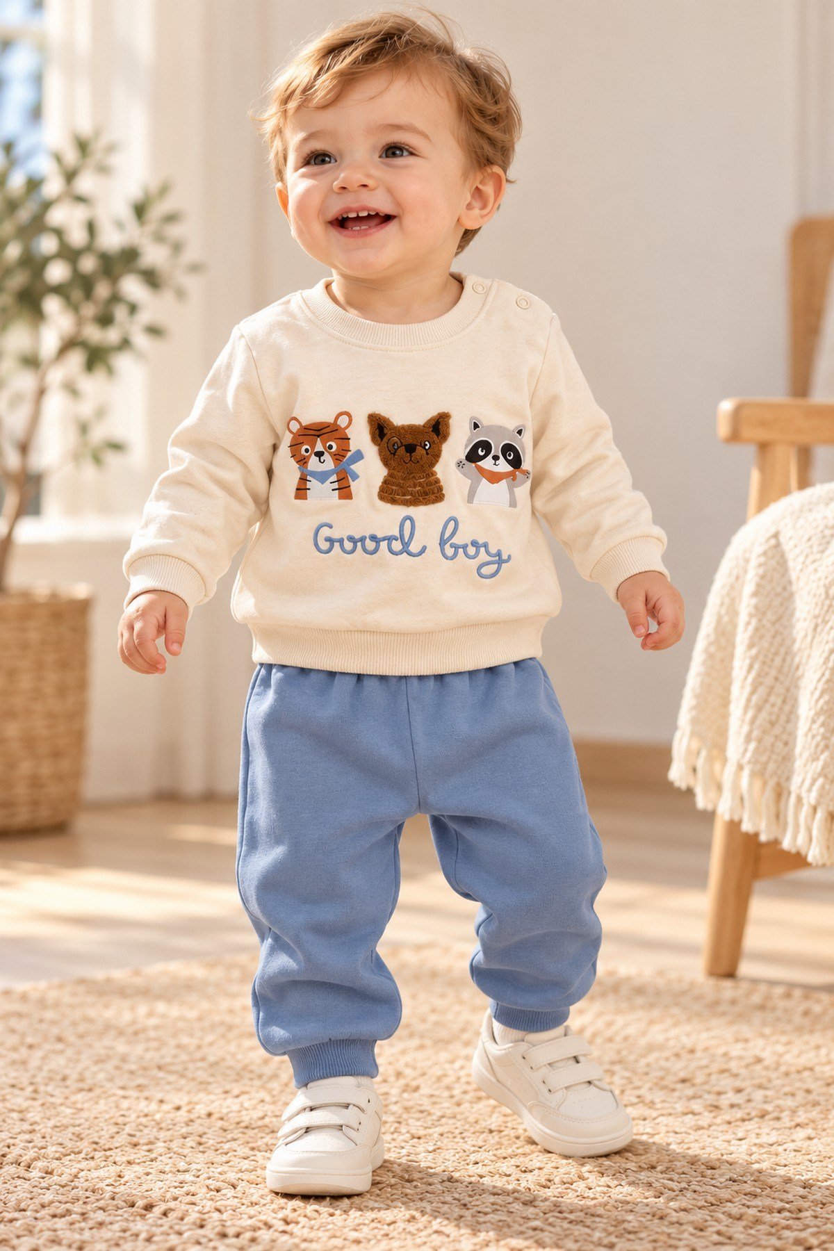 Erkek Bebek Hayvan Figürlü Good Boy Baskılı Kabartma Aplikeli Sweatshirt Eşofman 2'li Takım 3-12ay