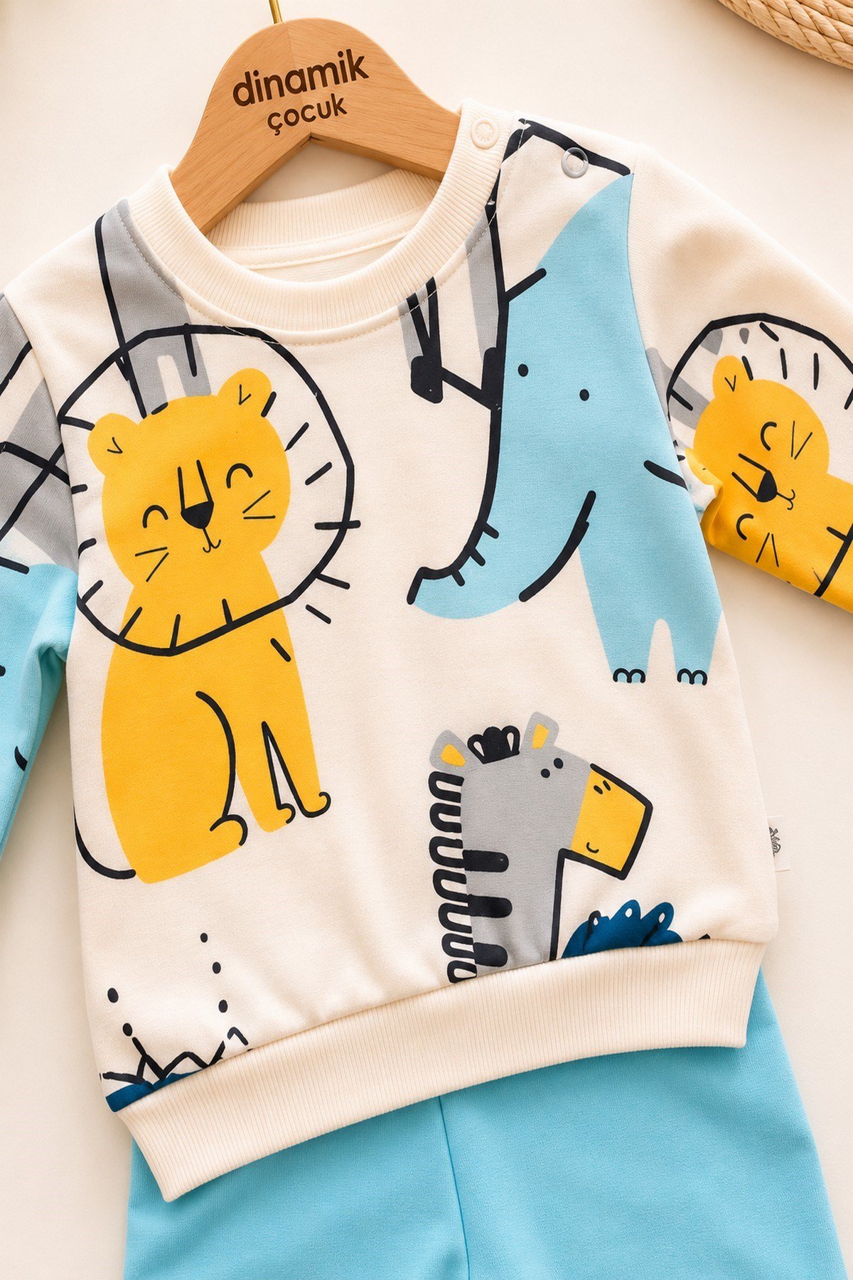 Erkek Bebek İnce Mevsimlik 2'li Takım Safari Aslan Desenli Uzun Kollu Sweatshirt Eşofman Altı Takımı 3-12 Aylık
