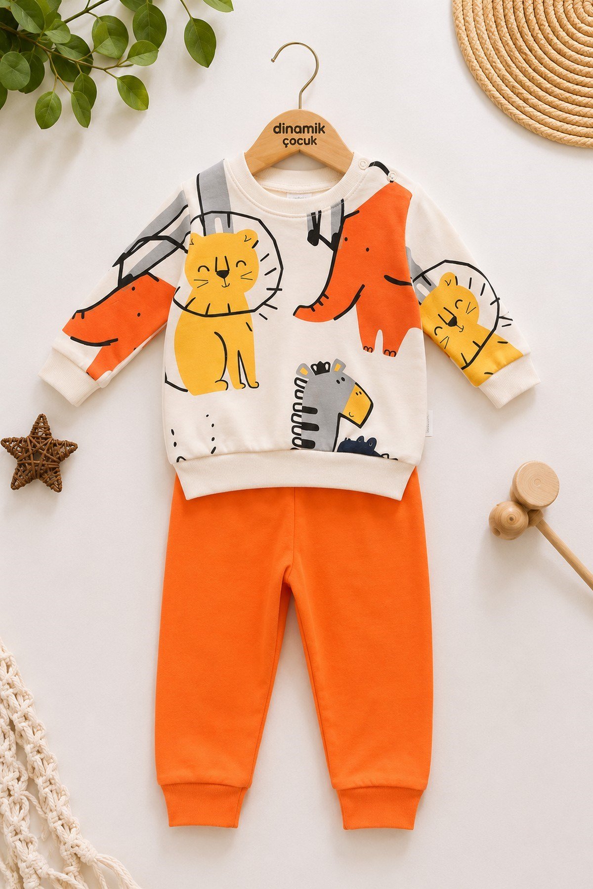Erkek Bebek İnce Mevsimlik 2'li Takım Safari Aslan Desenli Uzun Kollu Sweatshirt Eşofman Altı Takımı 3-12 Aylık