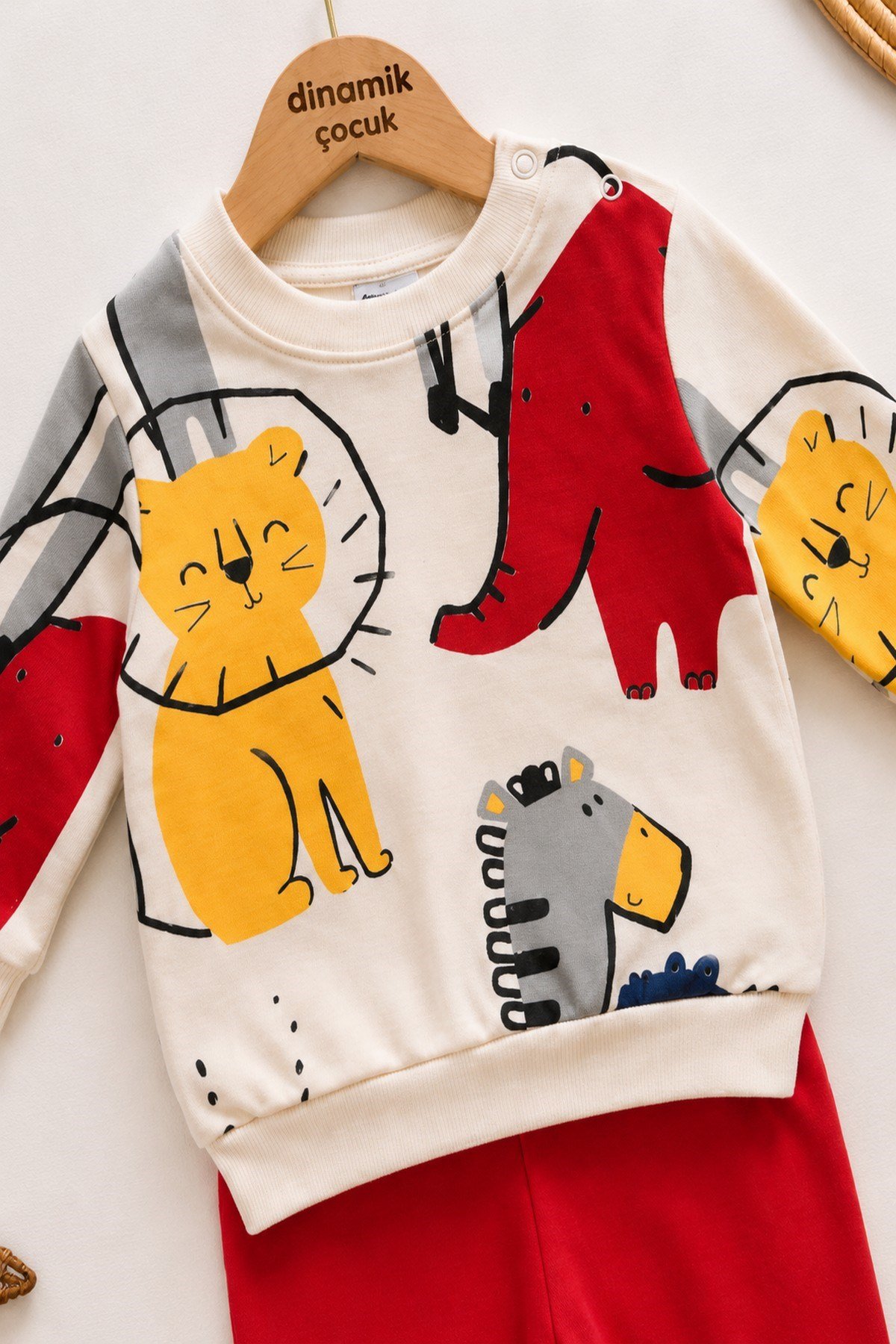 Erkek Bebek İnce Mevsimlik 2'li Takım Safari Aslan Desenli Uzun Kollu Sweatshirt Eşofman Altı Takımı 3-12 Aylık