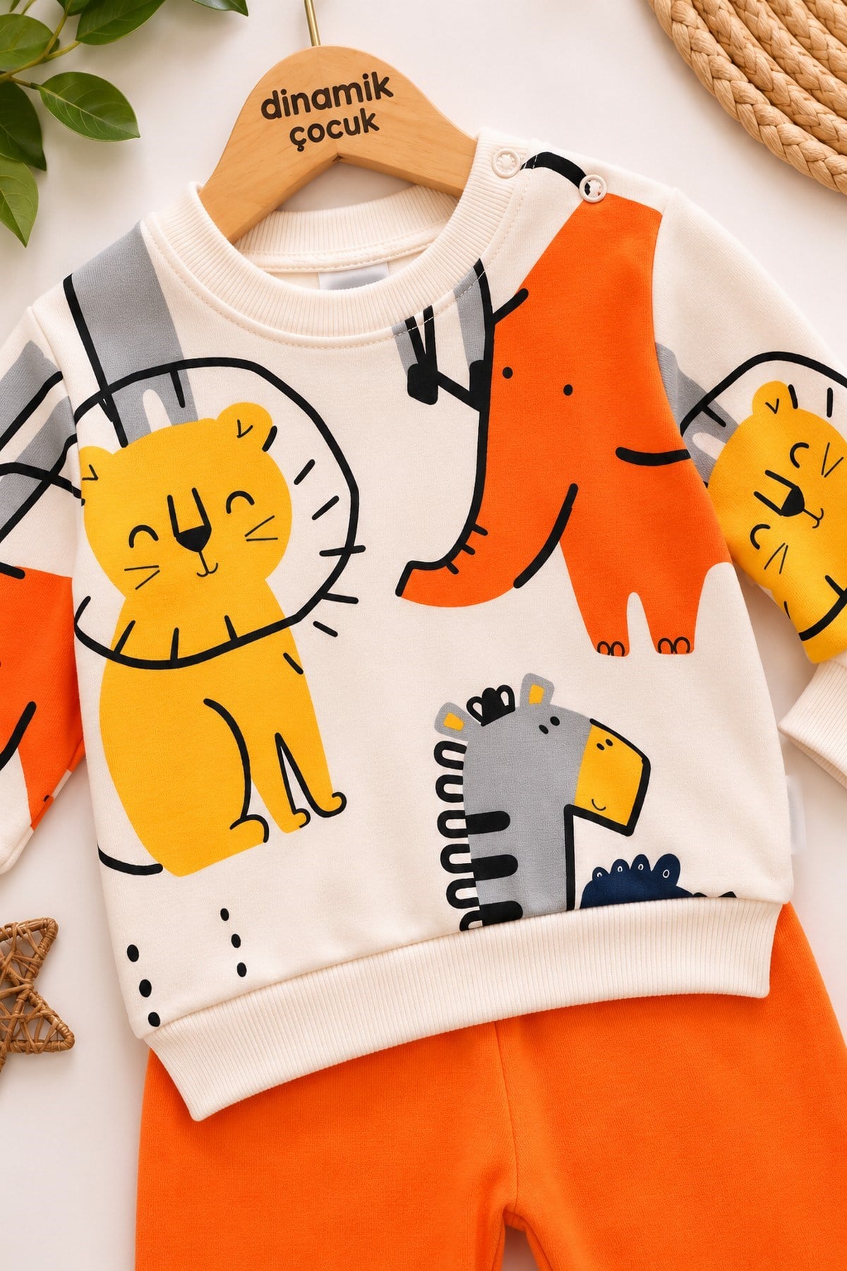 Erkek Bebek İnce Mevsimlik 2'li Takım Safari Aslan Desenli Uzun Kollu Sweatshirt Eşofman Altı Takımı 3-12 Aylık