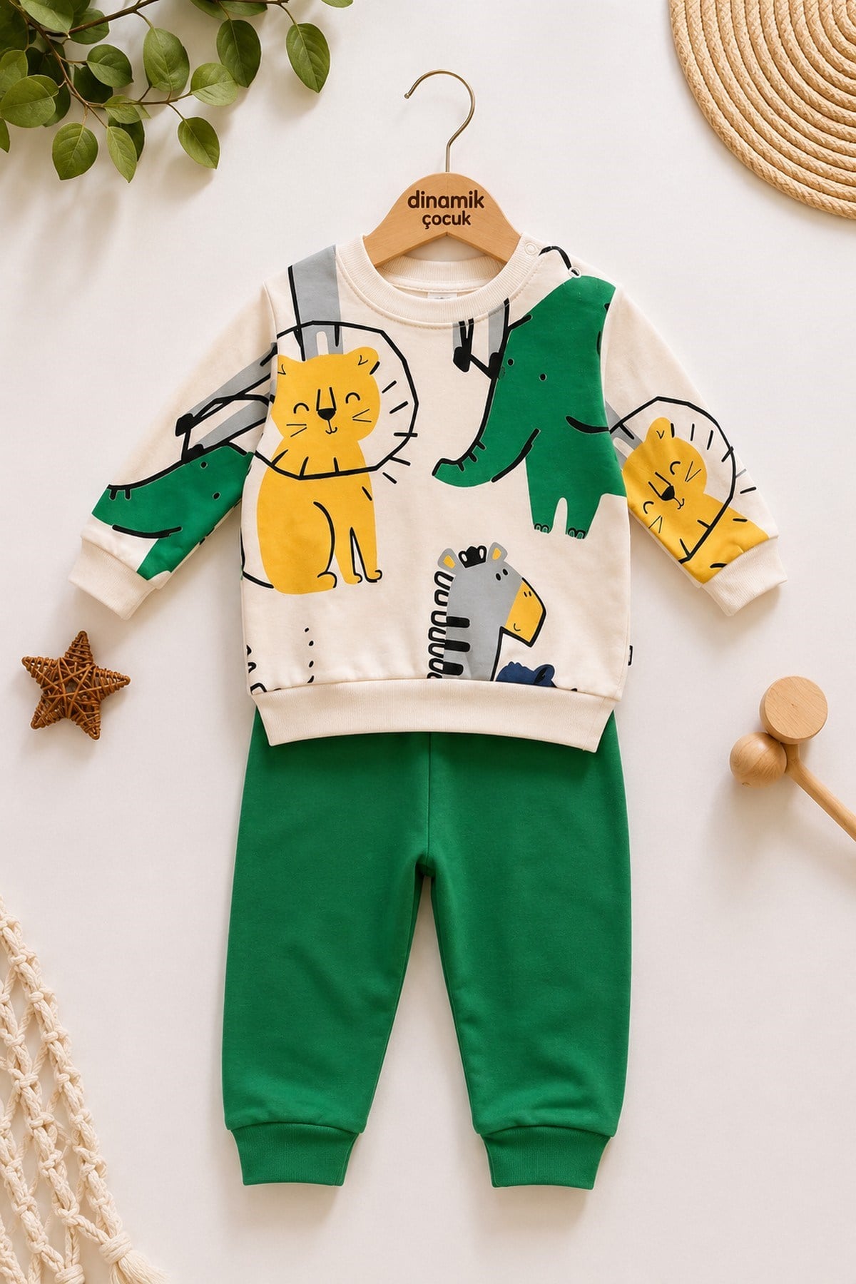 Erkek Bebek İnce Mevsimlik 2'li Takım Safari Aslan Desenli Uzun Kollu Sweatshirt Eşofman Altı Takımı 3-12 Aylık