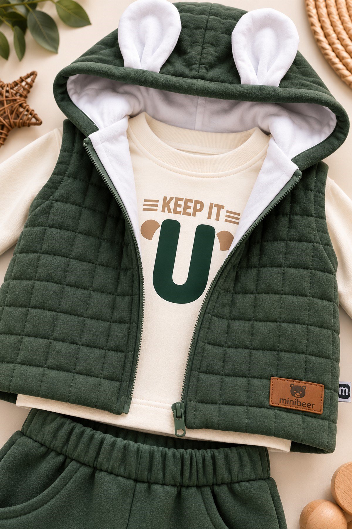 Erkek Bebek Kapitone Kapüşonlu Yelekli 3'lü Takım Alt Şardonlu Kışlık 6-24ay