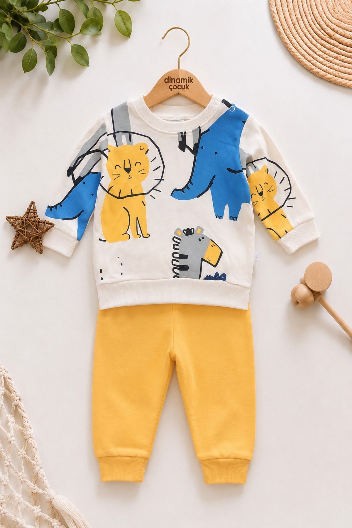 Erkek Bebek Mevsimlik 2'li Takım Aslan Desenli Uzun Kollu Sweatshirt Eşofman Altı Takımı 3-12 Aylık