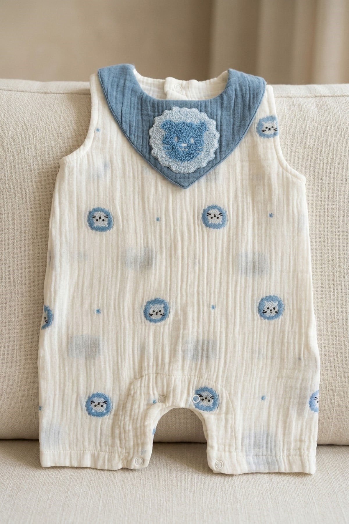 Erkek Bebek Müslin Tulum Yazlık Askılı Pamuklu Aslan Nakışlı Desenli 0-3-6-9-12 Aylık