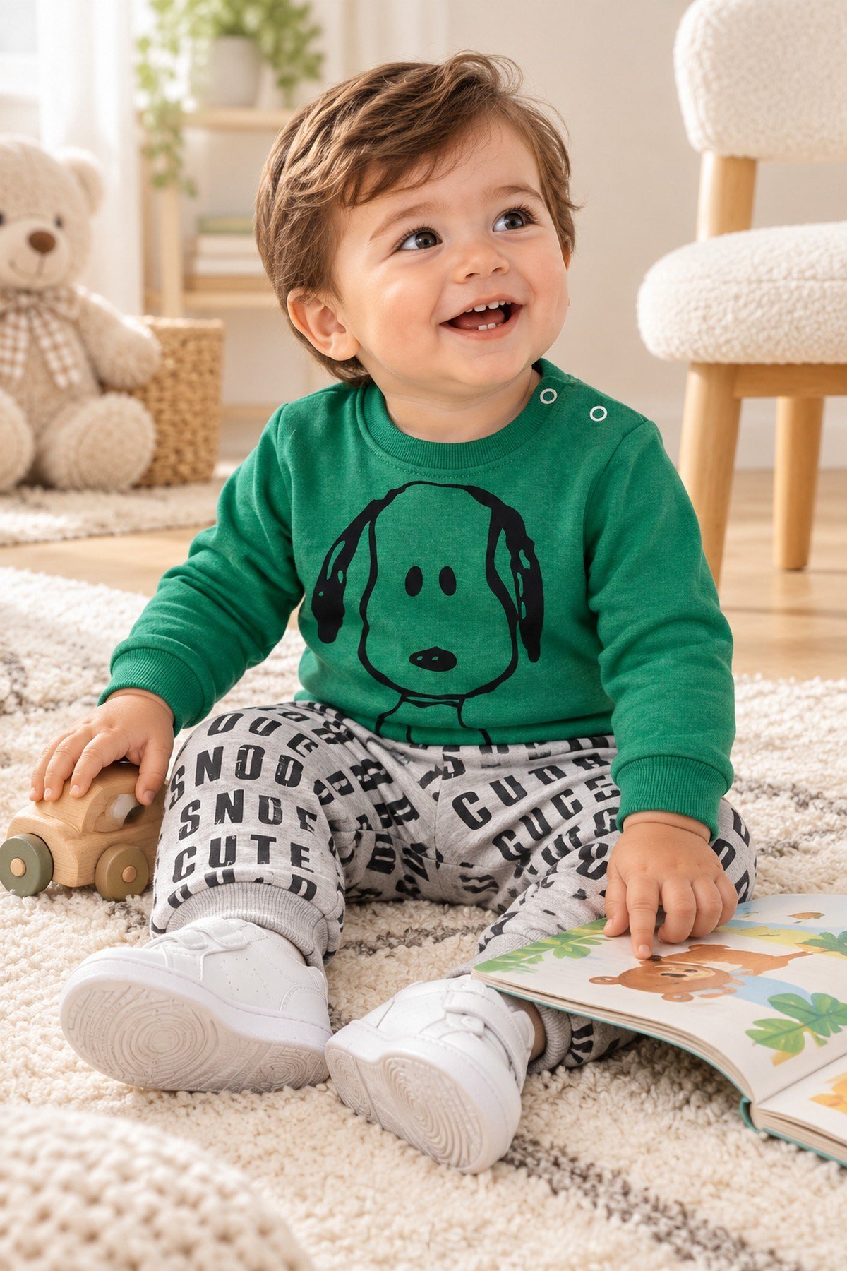 Erkek Bebek Ön-Arka Köpek Baskılı Sweatshirt Yazılı Eşofman Altı 2'li Takım 3-6-9-12ay