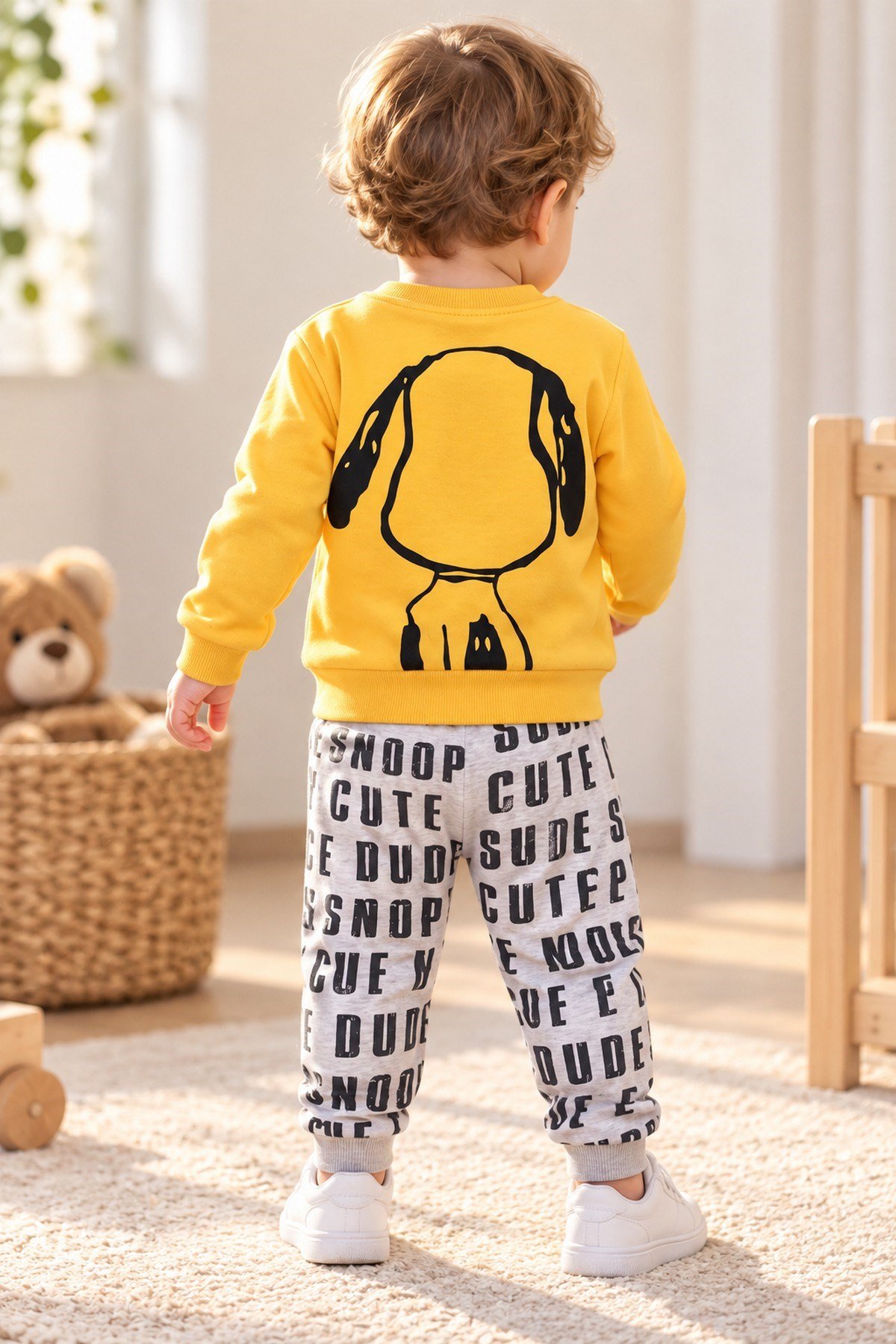 Erkek Bebek Ön-Arka Köpek Baskılı Sweatshirt Yazılı Eşofman Altı 2'li Takım 3-6-9-12ay