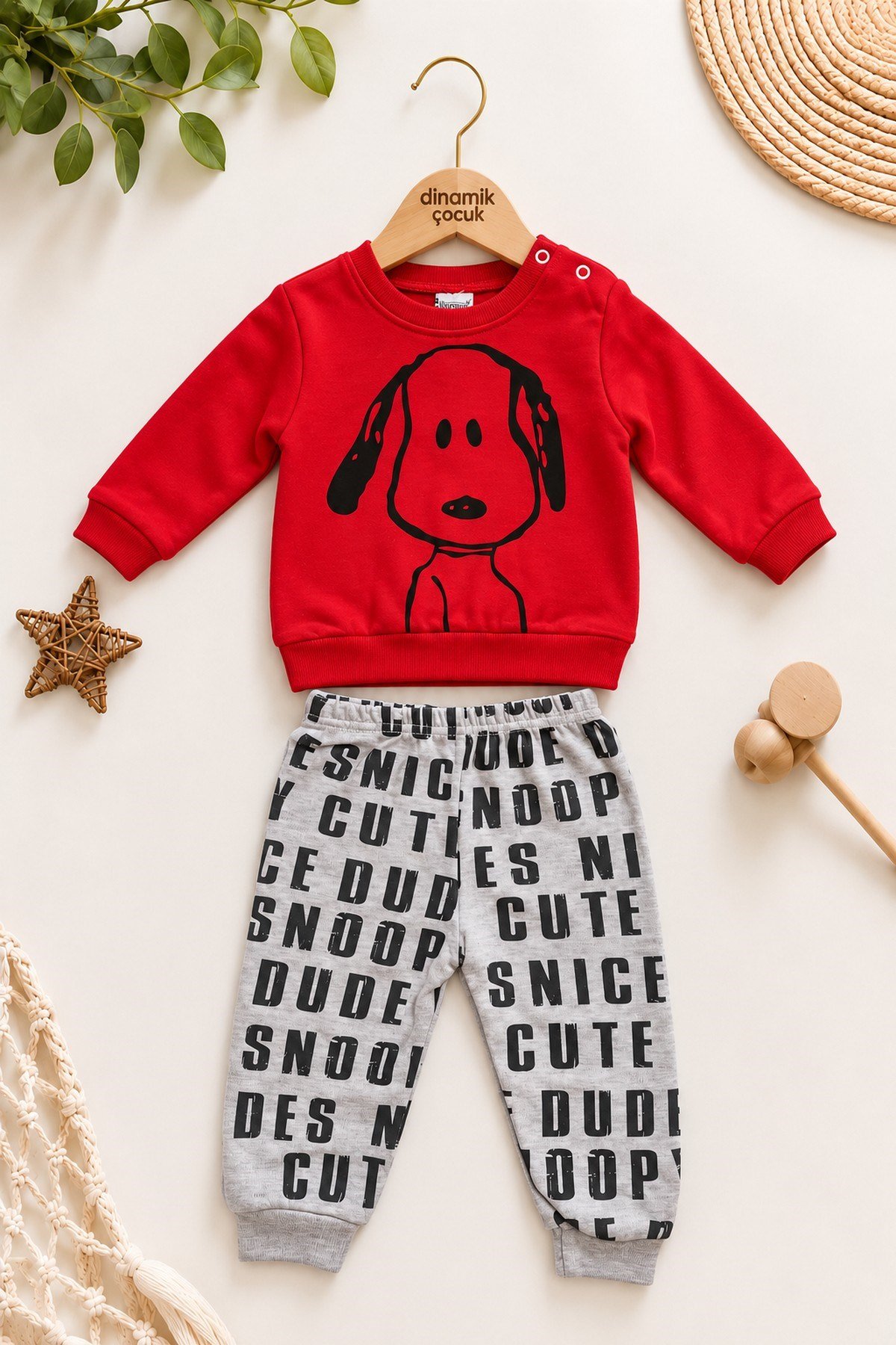 Erkek Bebek Ön-Arka Köpek Baskılı Sweatshirt Yazılı Eşofman Altı 2'li Takım 3-6-9-12ay