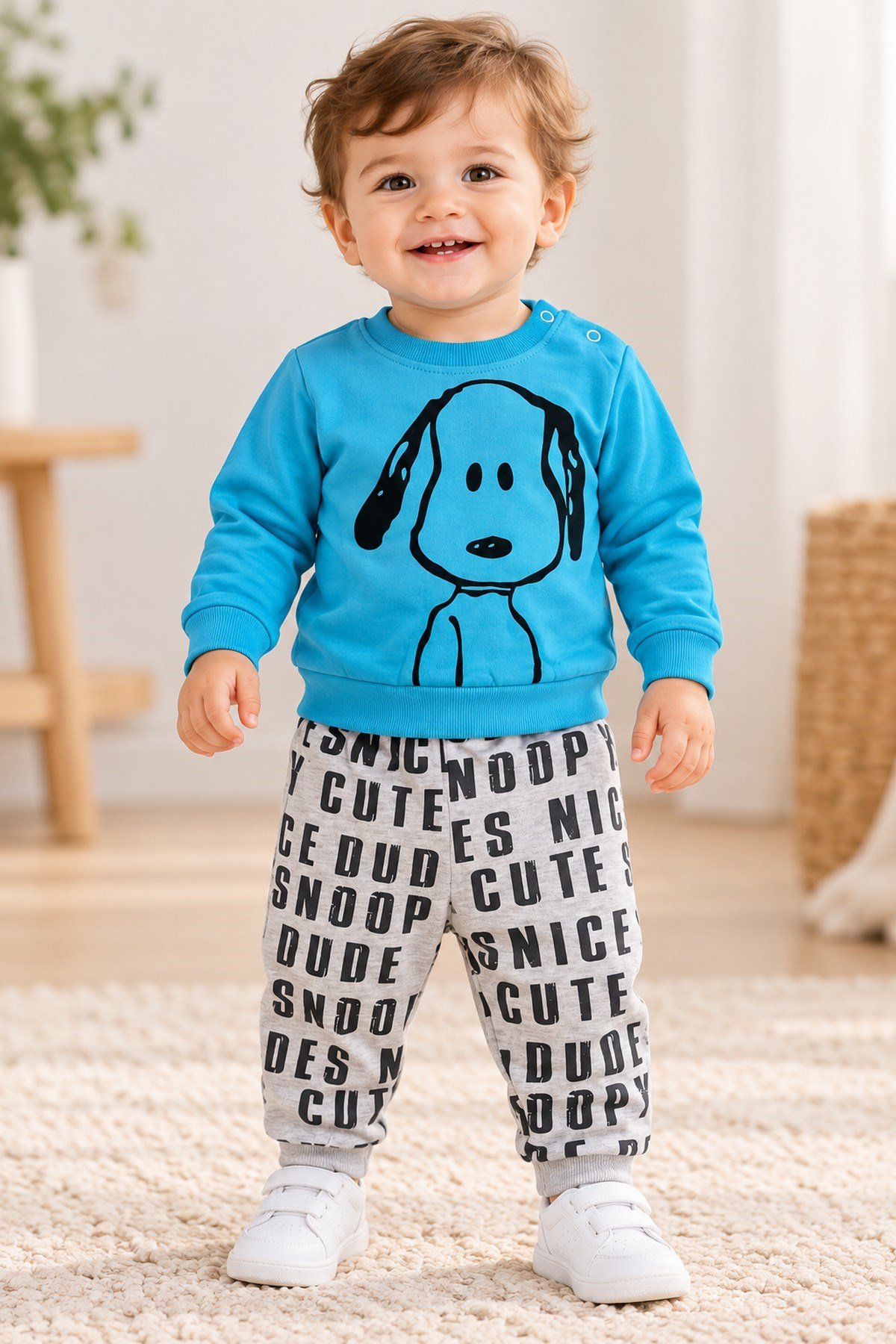 Erkek Bebek Ön-Arka Köpek Baskılı Sweatshirt Yazılı Eşofman Altı 2'li Takım 3-6-9-12ay