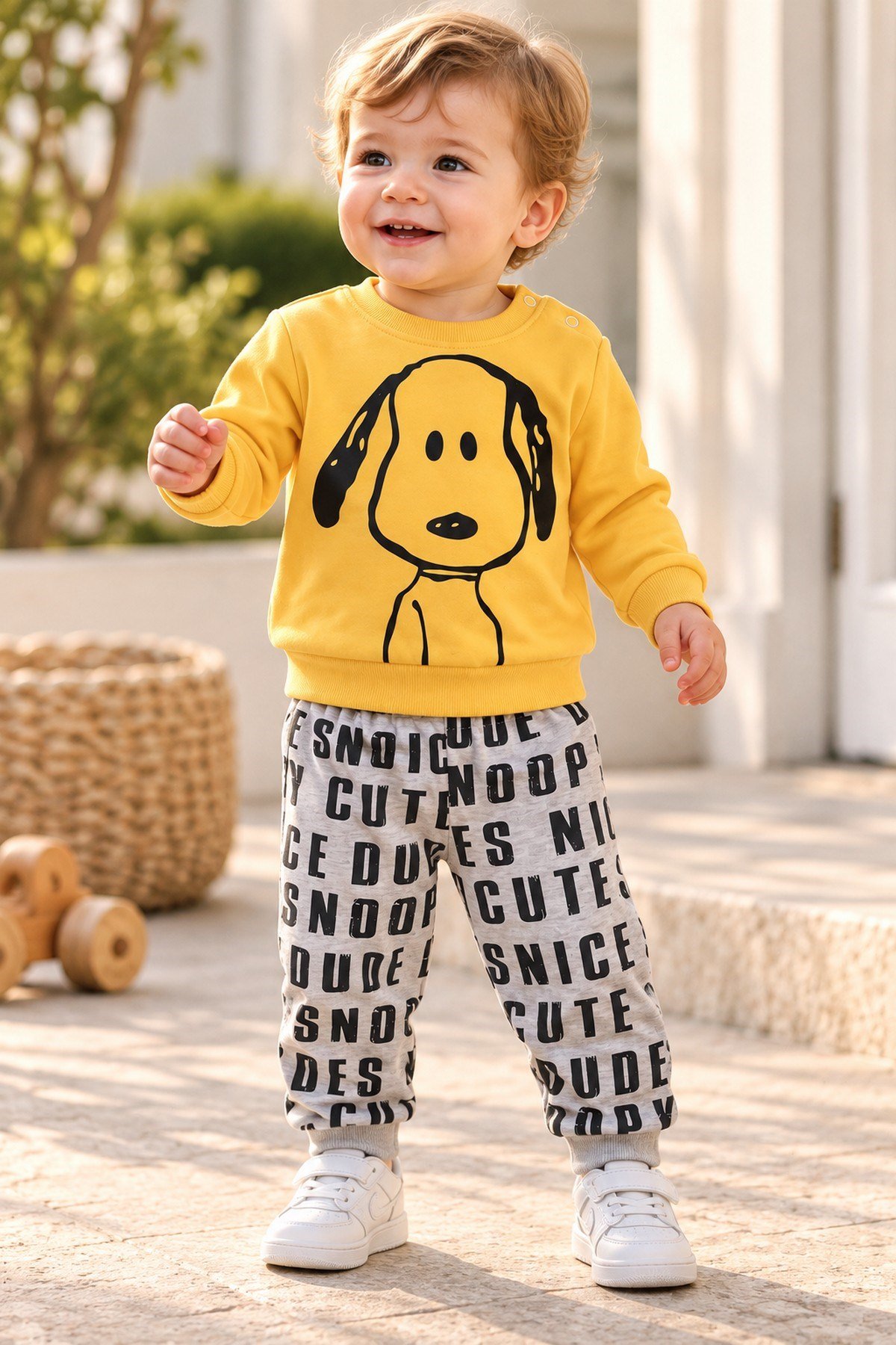 Erkek Bebek Ön-Arka Köpek Baskılı Sweatshirt Yazılı Eşofman Altı 2'li Takım 3-6-9-12ay