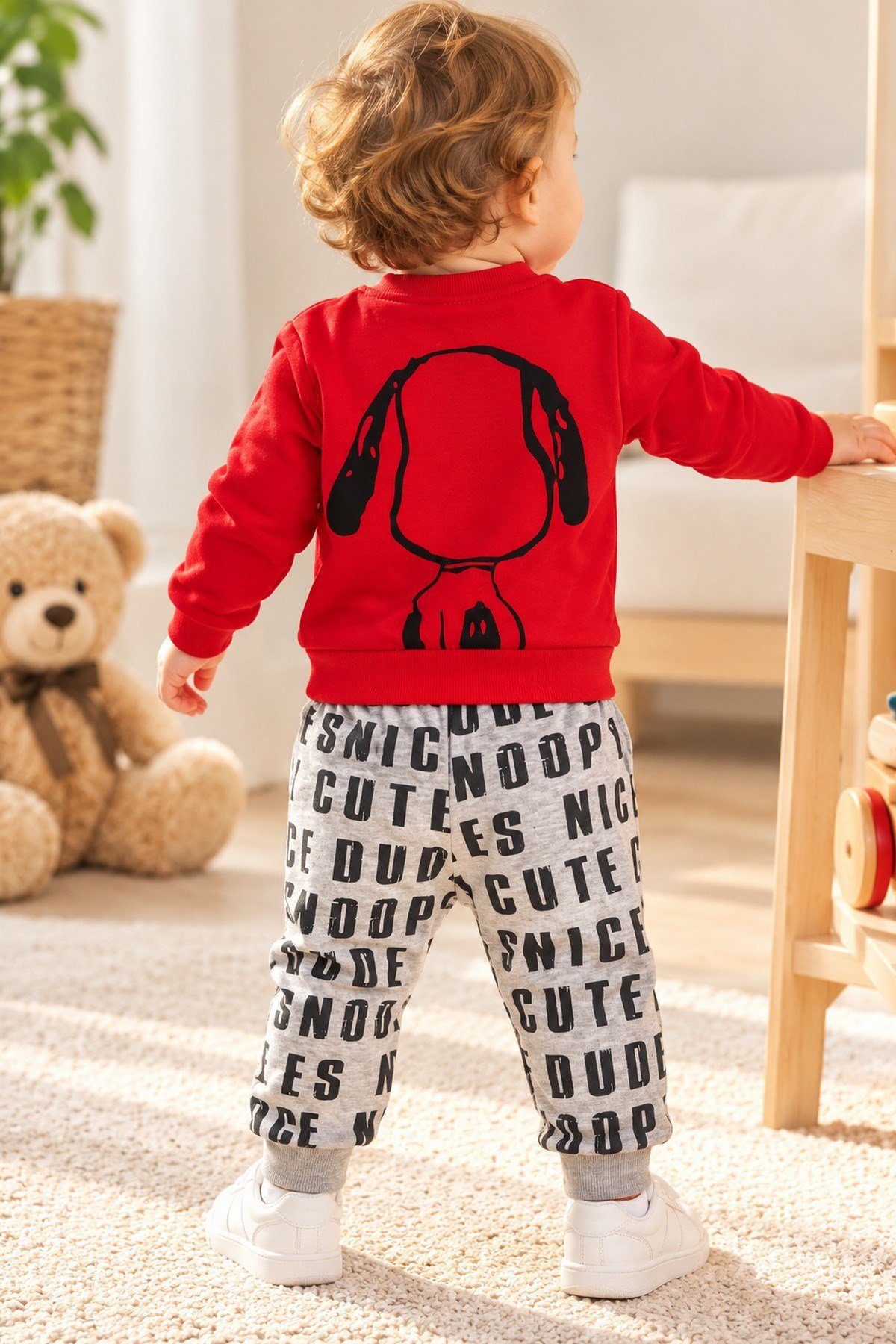 Erkek Bebek Ön-Arka Köpek Baskılı Sweatshirt Yazılı Eşofman Altı 2'li Takım 3-6-9-12ay