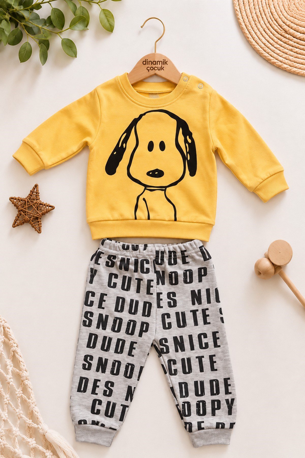 Erkek Bebek Ön-Arka Köpek Baskılı Sweatshirt Yazılı Eşofman Altı 2'li Takım 3-6-9-12ay