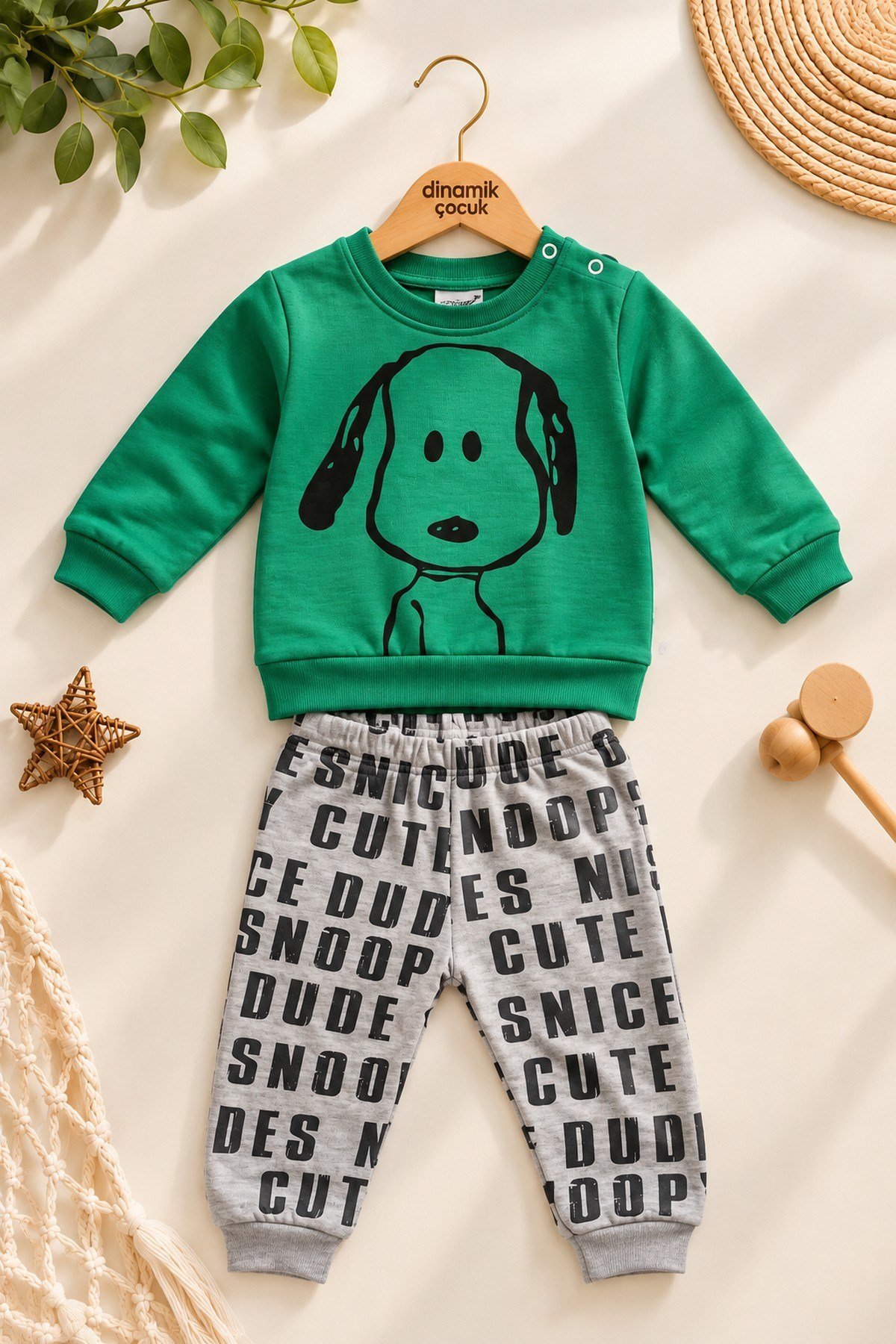 Erkek Bebek Ön-Arka Köpek Baskılı Sweatshirt Yazılı Eşofman Altı 2'li Takım 3-6-9-12ay